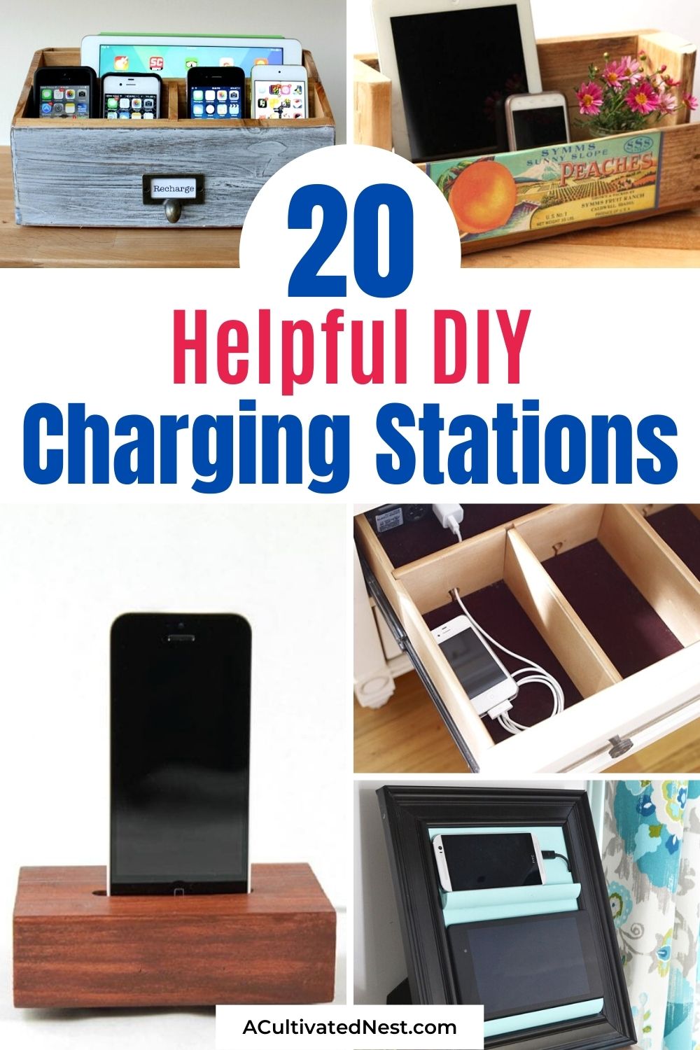 20 Helpful DIY Charging Stations- You can easily organize all your devices and your charging cords with these helpful DIY charging stations! They're so useful, and so easy to make! | #diyOrganizer #organizing #diyChargingStations #cordOrganization #ACultivatedNest