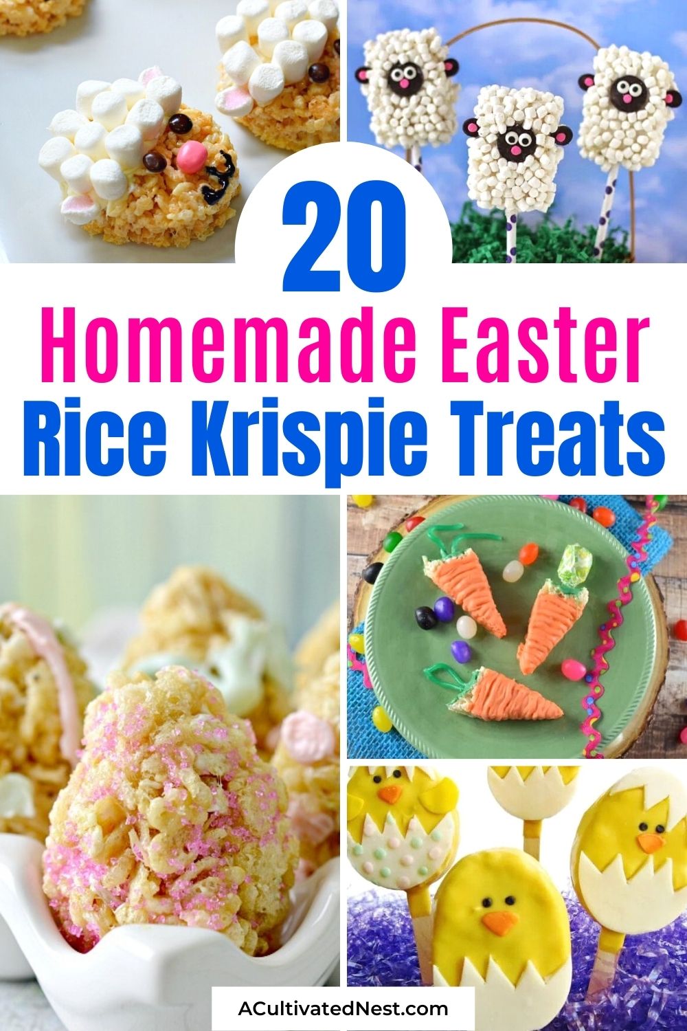 20 Tasty Easter Rice Krispie Treats- If you want toms new treats to enjoy this Easter, serve some fun, colorful, and delicious homemade Easter Rice Krispie Treats! There are so many fun recipes to try! | #EasterDesserts #desserts #Easter #riceKrispieTreats #ACultivatedNest