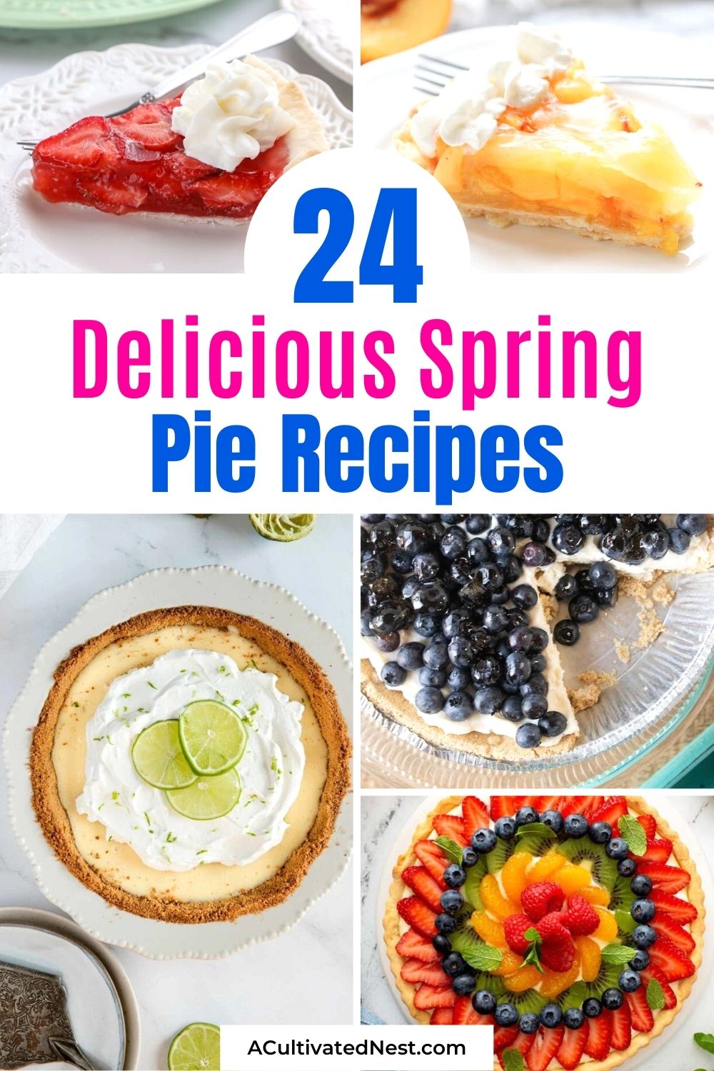 24 Delicious Pie Recipes For Spring- If you want a delicious treat to enjoy this spring, then you need to check out these delicious pie recipes for spring! There are so many tasty pies you can make using seasonal fruits and berries! | spring dessert recipes, spring recipes, recipes using fresh fruit, recipes using fresh berries, #pie #pieRecipes #dessertRecipes #desserts #ACultivatedNest
