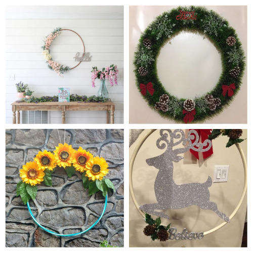 24 Gorgeous Hula Hoop Wreath DIY Projects- For an easy and budget-friendly way to update your home's décor, consider making one of these gorgeous DIY hula hoop wreaths! | #diyWreaths #diyProjects #DIY #hulaHoopWreaths #ACultivatedNest