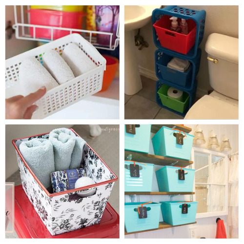 These dollar store stacking bins are the perfect size for bathroom cabinet  organization.