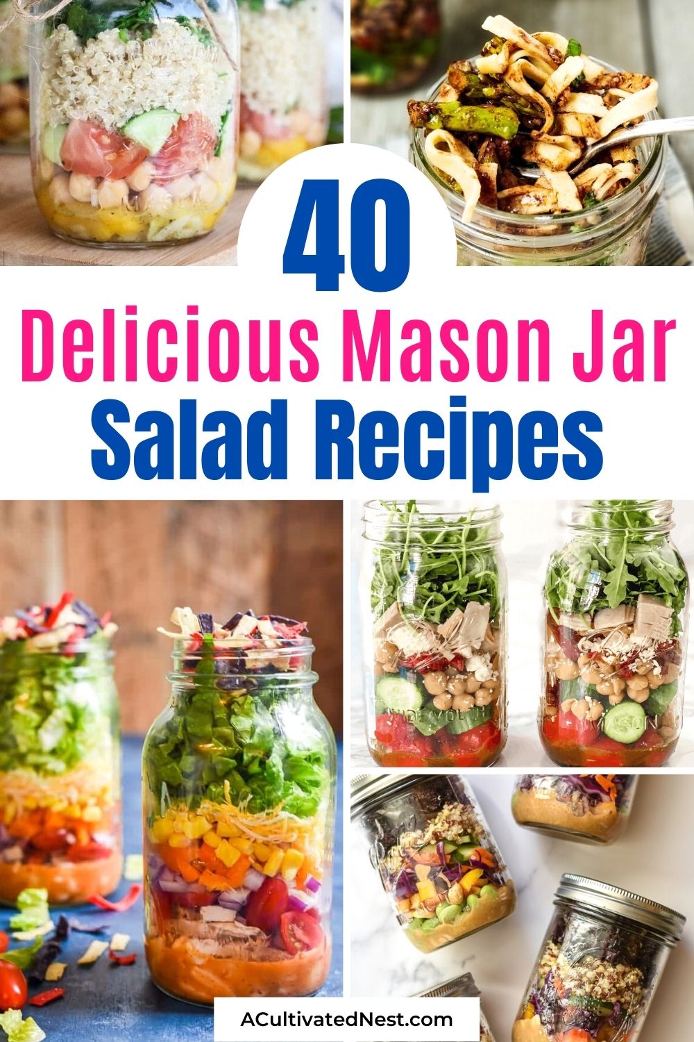 40 Delicious Mason Jar Salad Recipes- If you want some ideas for a delicious and healthy lunch to take on the go, check out these delicious Mason jar salad recipes! | #salad #masonJarSalads #masonJarRecipes #lunchRecipes #ACulitvatedNest