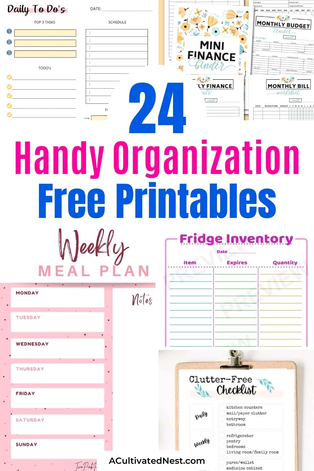 24 Handy Organization Free Printables- You can get your home and life organized easily on a budget with these handy free organization printables! These are perfect for your home binder or mom binder! | #freePrintables #printables #homeBinder #momBinder #ACultivatedNest