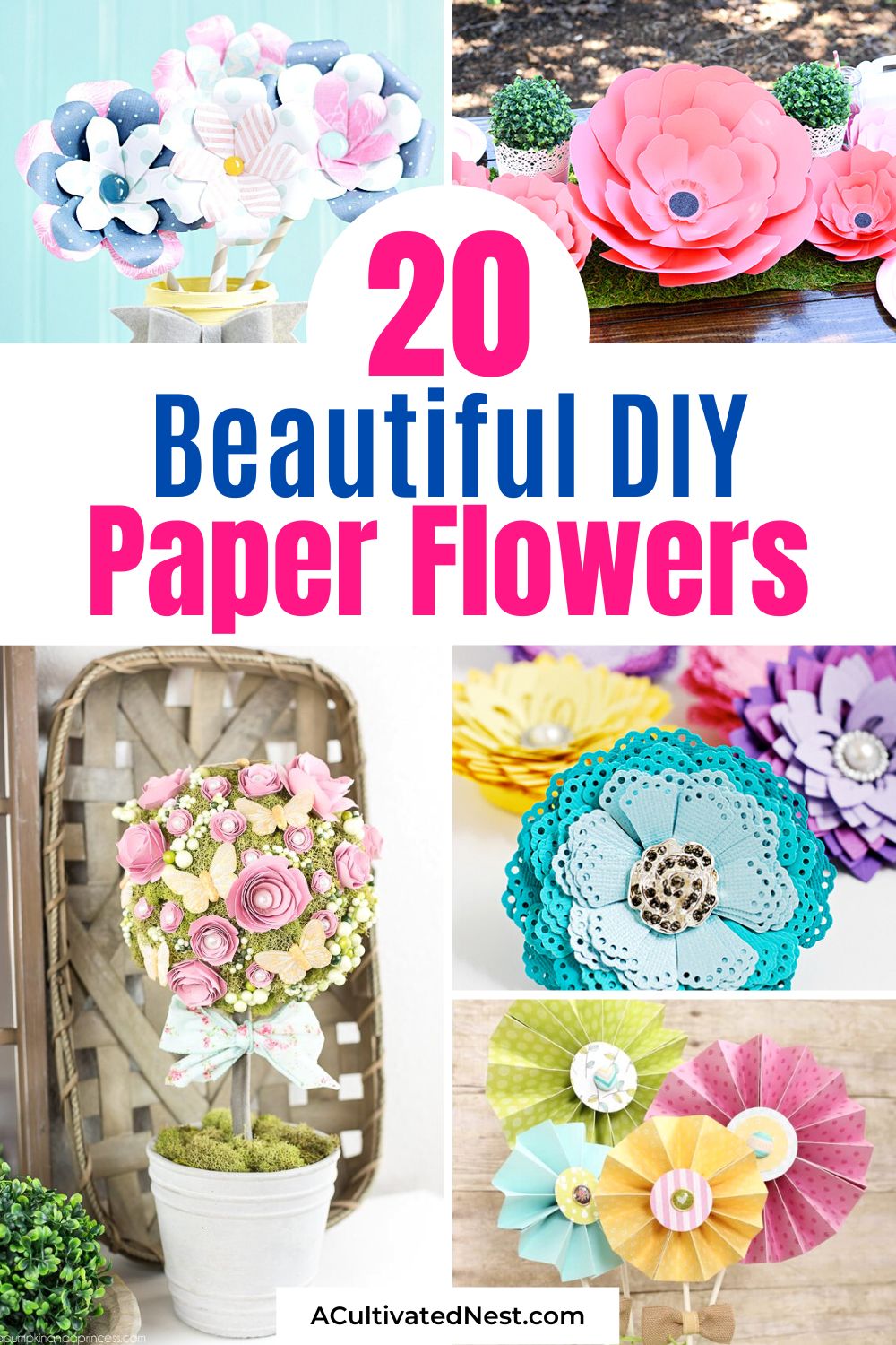 20 Beautiful Paper Flower Crafts- Bring bright colors into your home with these paper flower crafts! Don't worry about watering or sunlight with these easy faux flower DIYs! | #flowerCraft #diyProjects #fauxFlowers #paperFlowers #ACultivatedNest