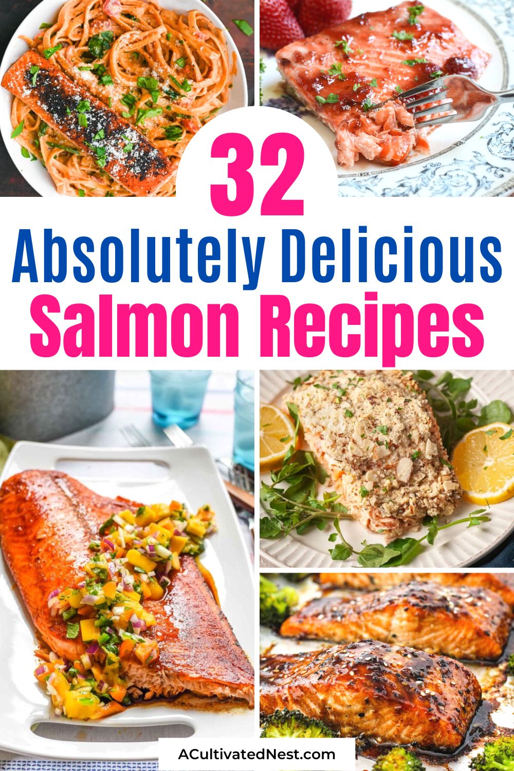 32 Delicious Salmon Recipes- Salmon can be very delicious and easy to cook, if you have the right recipe! Here are 32 delicious salmon recipes you need to try! | healthy dinner ideas, healthy recipes, #salmonRecipes #fishRecipes #recipeIdeas #dinnerRecipes #ACultivatedNest