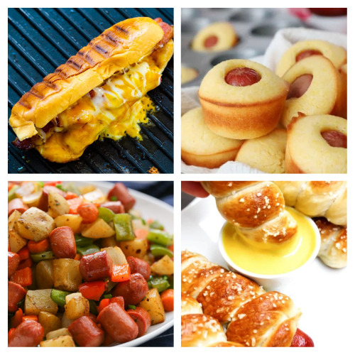 24 Tasty Ways to Use Up Hot Dogs- Don't know what to do with the hot dogs left over from your cookout? Here are many tasty recipes using leftover hot dogs! | #recipe #hotDogs #recipeIdeas #dinnerRecipes #ACultivatedNest