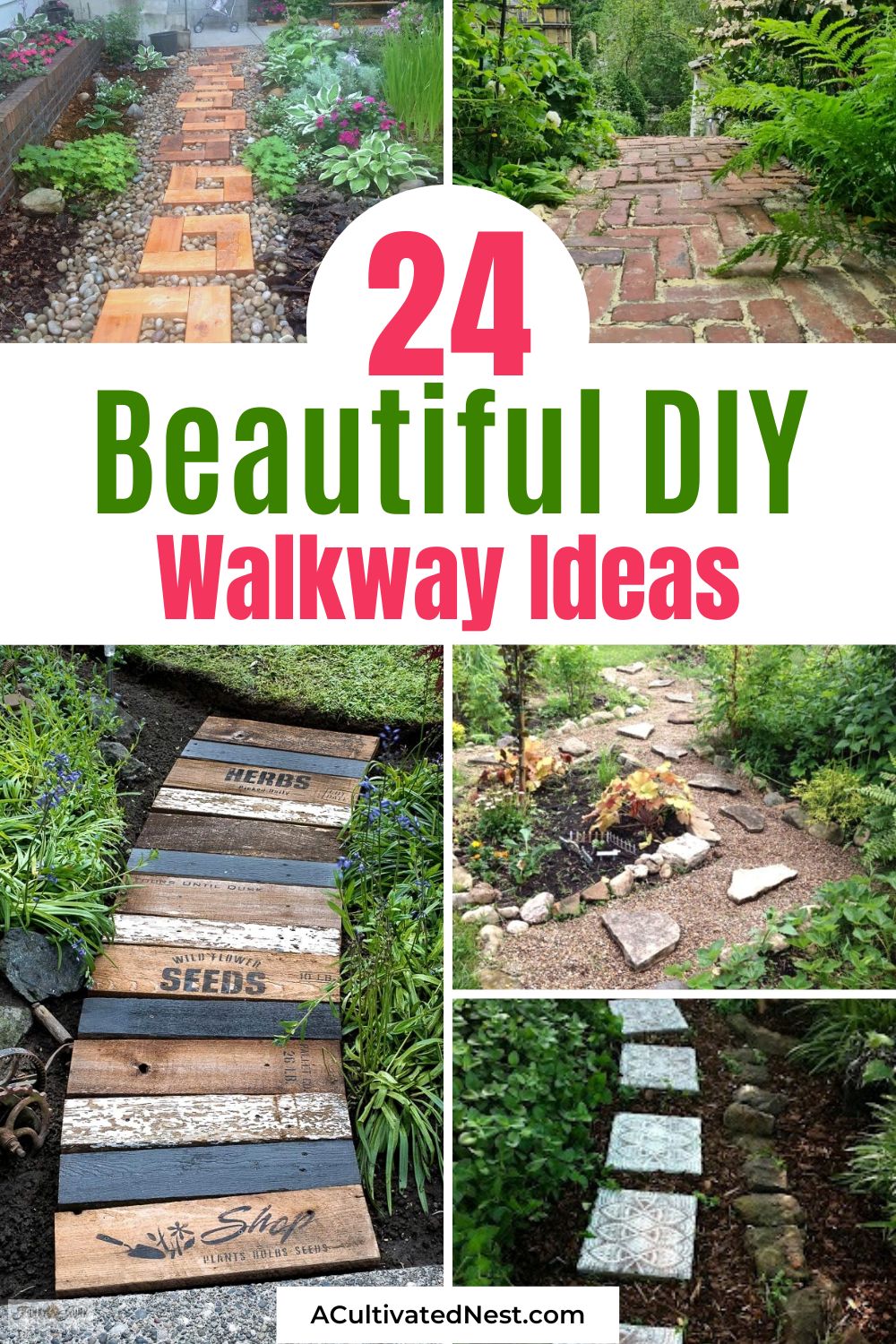 24 Beautiful DIY Walkways Ideas- If you want to add some functional beauty to your yard, then you'll love these gorgeous DIY walkway ideas. There are so many easy ways to make your own DIY pathways! | #yardDecor #DIY #diyProjects #backyardDIYs #ACultivatedNest