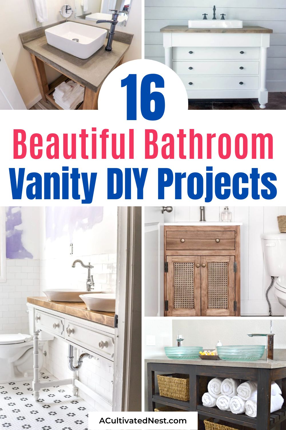 16 Beautiful Bathroom Vanity DIY Projects- Want to update your bathroom on a budget? Check out these beautiful bathroom vanity DIY projects to give your bathroom a fresh new look! | #diyProjects #bathroomDIY #bathroomDecor #bathroomRenovation #ACultivatedNest