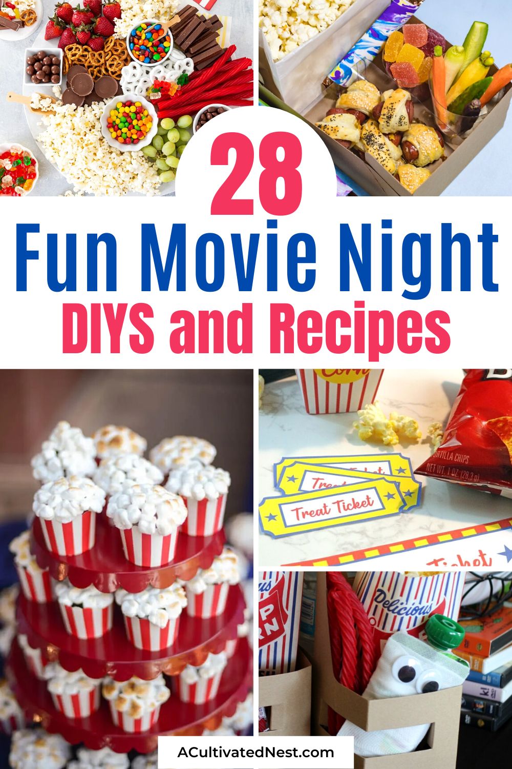 28 Fun Movie Night DIY Ideas- If you want a fun movie night at home, then you need to check out these fun movie night DIY ideas and recipes! Your family is sure to love them! | #movieNightAtHome #familyMovieNight #diyIdeas #recipes #ACultivatedNest