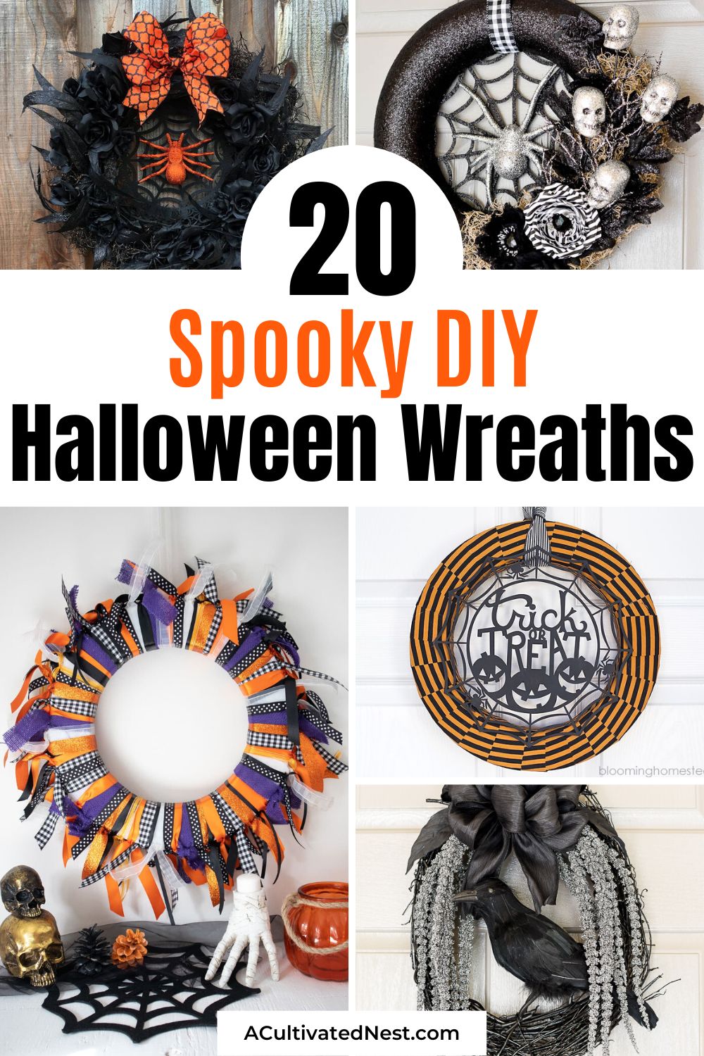 20 Spooky DIY Halloween Wreaths- Decorate your front porch for Halloween on a budget with these Halloween wreaths! They're inexpensive, easy, and quick to make! | #Halloween #HalloweenCraft #crafts #HalloweenWreaths #ACultivatedNest