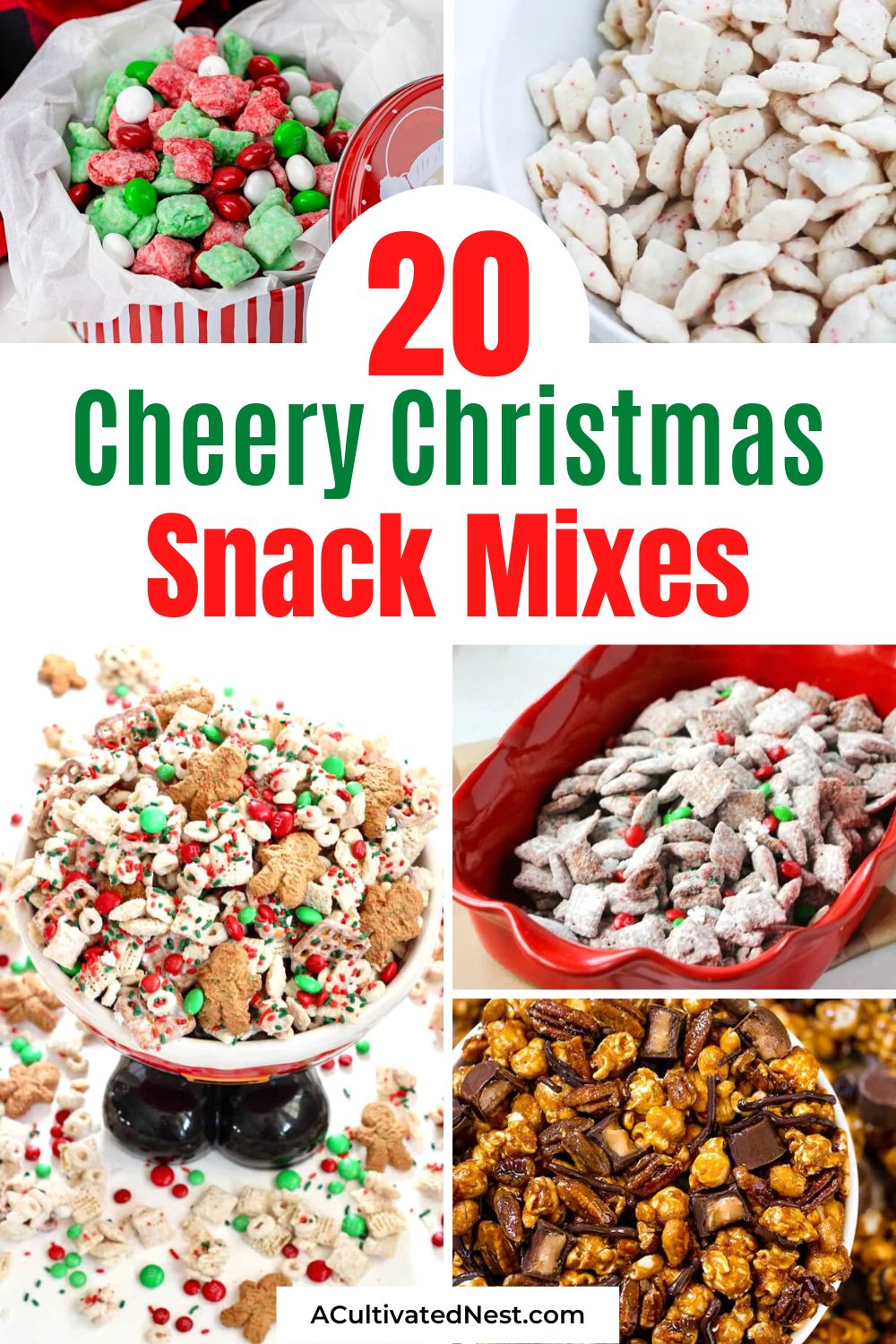 20 Cheery Christmas Snack Mix Recipes- You can always be ready for surprise holiday guests if you have some tasty snack mixes on hand! These Christmas snack mix recipes that are easy to make, tasty, and can be made ahead of time! | homemade Christmas snacks, homemade holiday snack recipes, #ChristmasRecipes #snackMixes #muddyBuddies #snackRecipes #ACultivatedNest