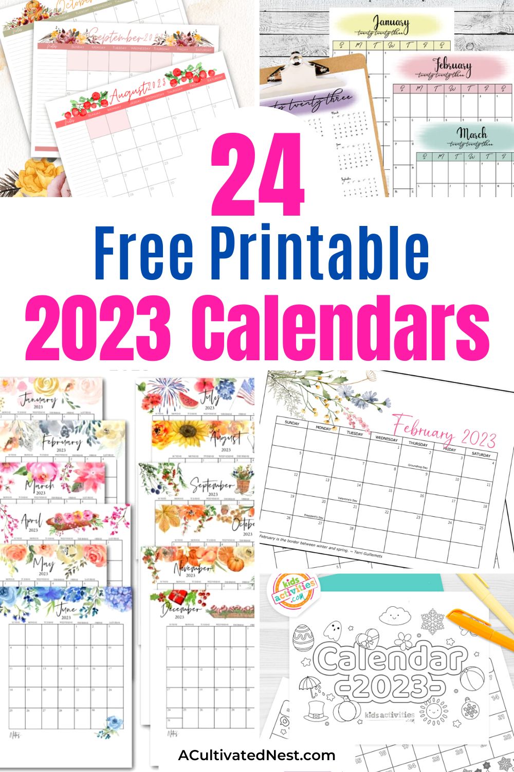 24 Free Printable 2023 Calendars- If you're excited for the new year, then you should print out a new calendar to record all your plans and dreams! These free printable 2023 calendars have plenty of space for everything you hope to do in 2023! | free calendar printable, wall calendar printables, desk calendar printables, #freePrintable #printables #calendars #2023Calendars #ACultivatedNest