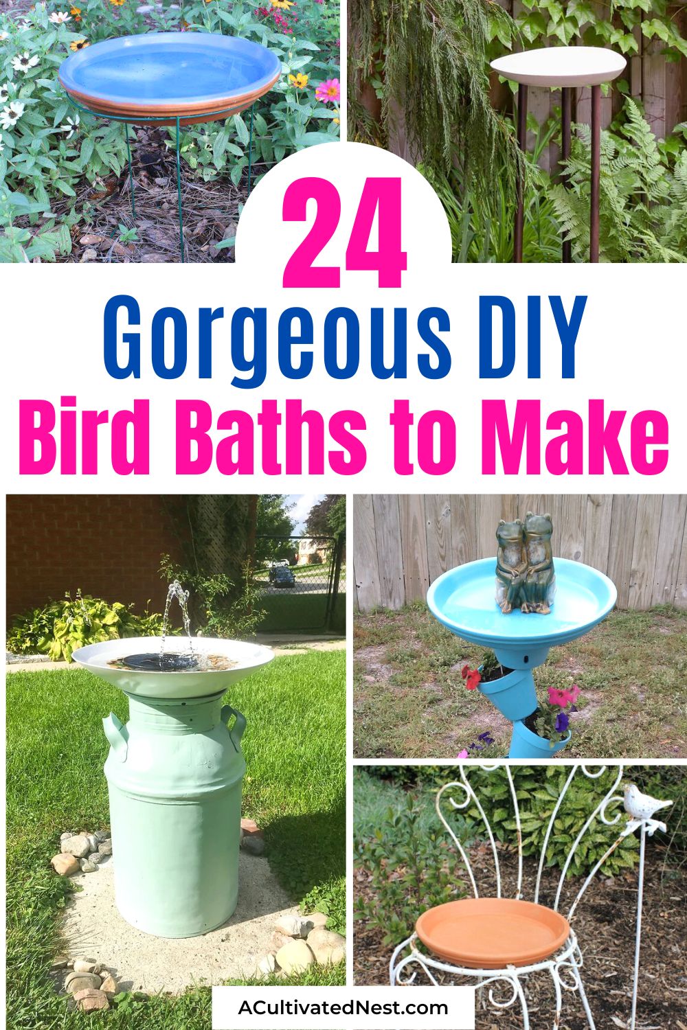 24 Beautiful DIY Bird Baths- If you want an enjoyable way to spruce up your backyard and give your feathered friends a treat, then you should consider making a beautiful DIY bird bath! | #birdBath #yardDIY #diyProjects #gardenDecor #ACultivatedNest
