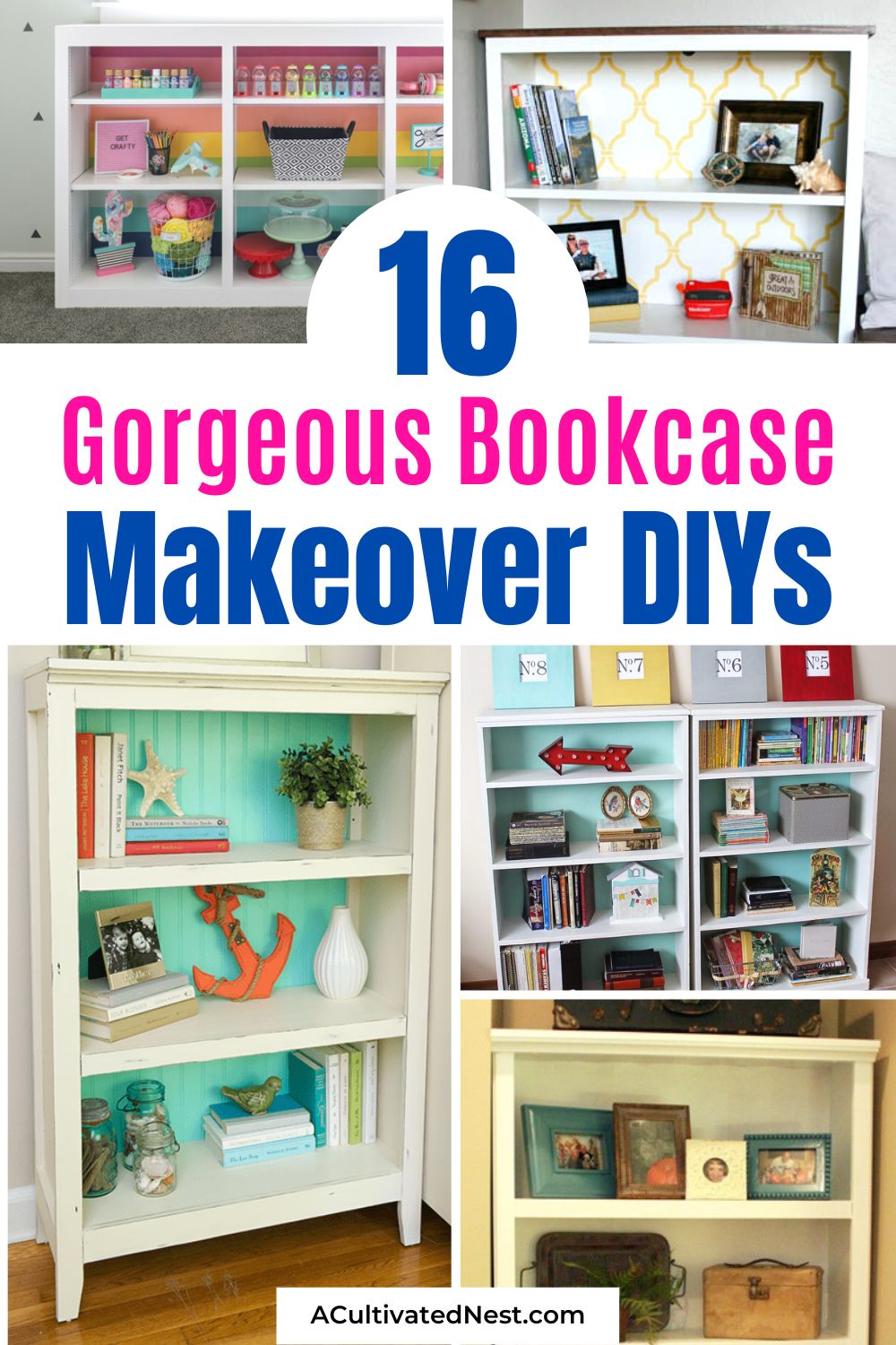 16 Gorgeous DIY Bookcase Makeovers- Transform your old and worn bookcase into a stunning piece of furniture with these amazing DIY bookcase makeovers! These clever ideas will inspire you to get creative with your bookshelves! #DIYbookcases #bookcaseMakeovers #homeDecorIdeas #diys #ACultivatedNest