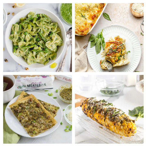 16 Delicious Ways to Use Pesto- There are so many delicious ways to use pesto in a variety of dishes, such as entrees, appetizers, casseroles, and flatbreads! | #recipes #pesto #dinnerRecipes #pastaRecipes #ACultivatedNest