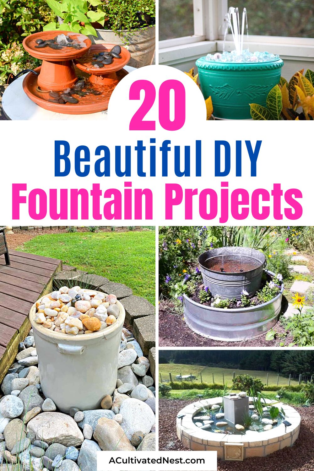 20 Beautiful DIY Fountain Ideas-Transform your outdoor space into a tranquil oasis with these beautiful DIY fountain ideas. These creative fountain projects will add a touch of serenity and charm to your garden, and do it on a budget! | how to make a homemade garden fountain, DIY bubble fountain, #diyFountains #diyProjects #DIY #gardenIdeas #ACultivatedNest