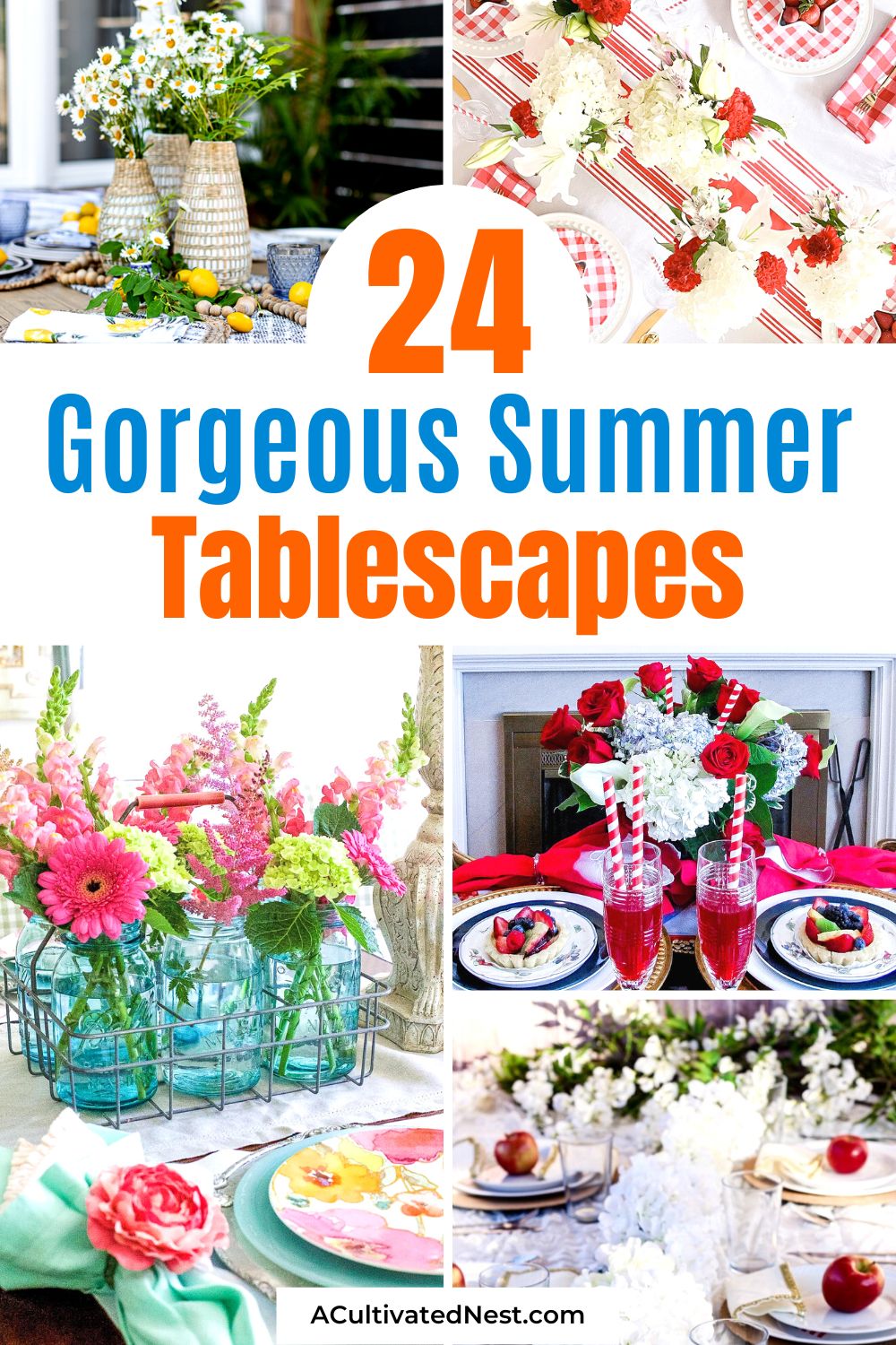24 Gorgeous Summer Tablescapes- Capture the essence of the sunny season with these inspiring summer tablescapes. Incorporate bright colors, playful patterns, and elements inspired by nature to create visually stunning arrangements and complete the summer vibe! | #tablescapes #summerDecor #frugalDecor #decorating #ACultivatedNest