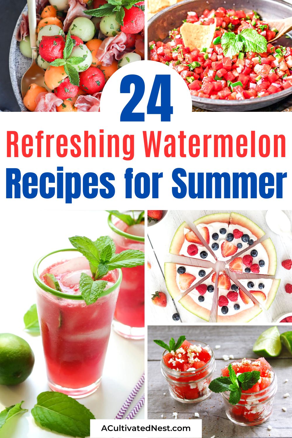 24 Refreshing Watermelon Recipes for Summer- Celebrate summer's favorite fruit with a symphony of flavors! Explore mouthwatering watermelon recipes that transform this iconic fruit into sensational dishes. Whether you're hosting a BBQ or lounging by the pool, these treats bring the essence of summer to your plate. | #WatermelonRecipes #SummerEats #recipes #watermelon #ACultivatedNest