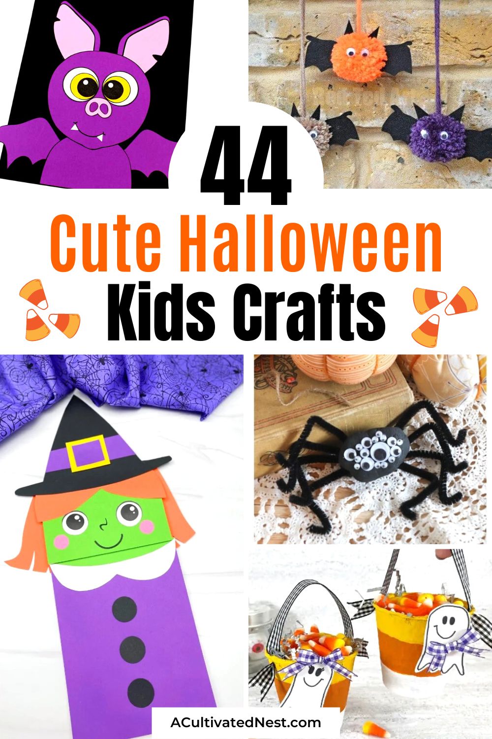 44 Cute Halloween Kids Crafts- Trick or treat? Treat your kids to hours of Halloween crafting fun! Discover cute and easy Halloween kids crafts they'll love, from spooky spiders to friendly monsters. | #CraftingWithKids #FamilyFun #Halloween #HalloweenDIY #ACultivatedNest