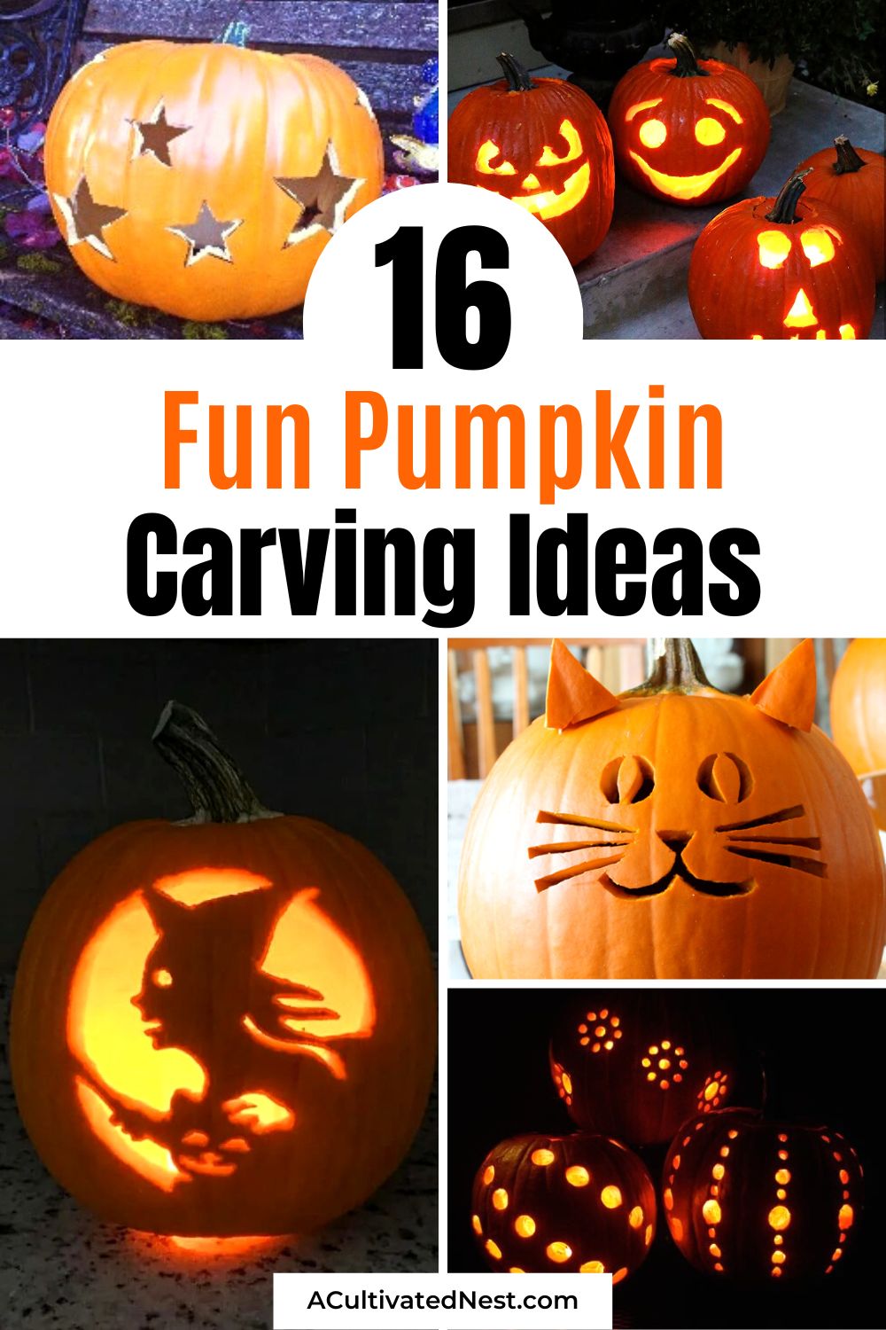 16 Fun Pumpkin Carving Ideas- Ready to transform your pumpkins into masterpieces? Explore these fun pumpkin carving ideas for a memorable Halloween season. Get inspired and carve your way to a spooktacular display! | #PumpkinDesigns #HalloweenFun #Halloween #DIY #ACultivatedNest