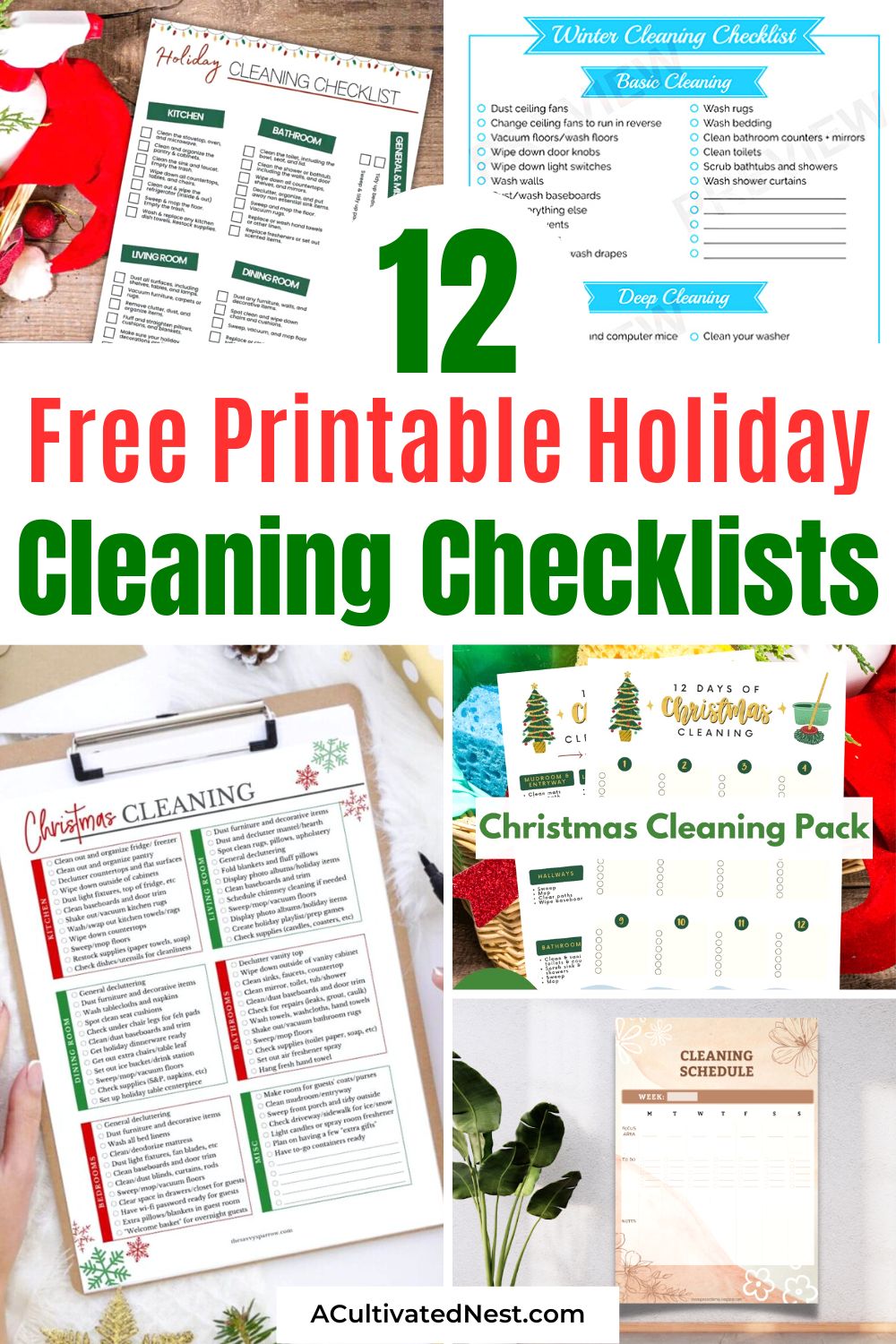 12 Free Printable Holiday Cleaning Checklists- Tackle your holiday cleaning like a pro with our collection of free printable holiday cleaning checklists! Enjoy a sparkling and stress-free home for the holidays. | #CleaningChecklists #HolidayPrep #cleaningChecklists #freePrintables #ACultivatedNest