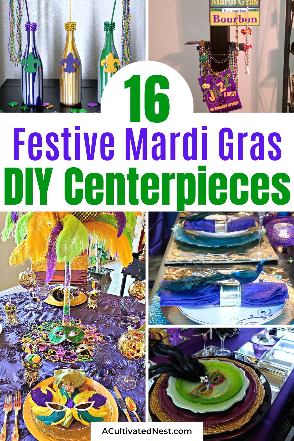 16 Beautiful DIY Mardi Gras Centerpieces- Let the good times roll! Elevate your Mardi Gras celebration with our collection of beautiful DIY Mardi Gras centerpieces. These eye-catching and budget-friendly ideas will turn your party into a colorful and festive extravaganza. | #MardiGras #DIYPartyDecor #diyProjects #crafts #ACultivatedNest
