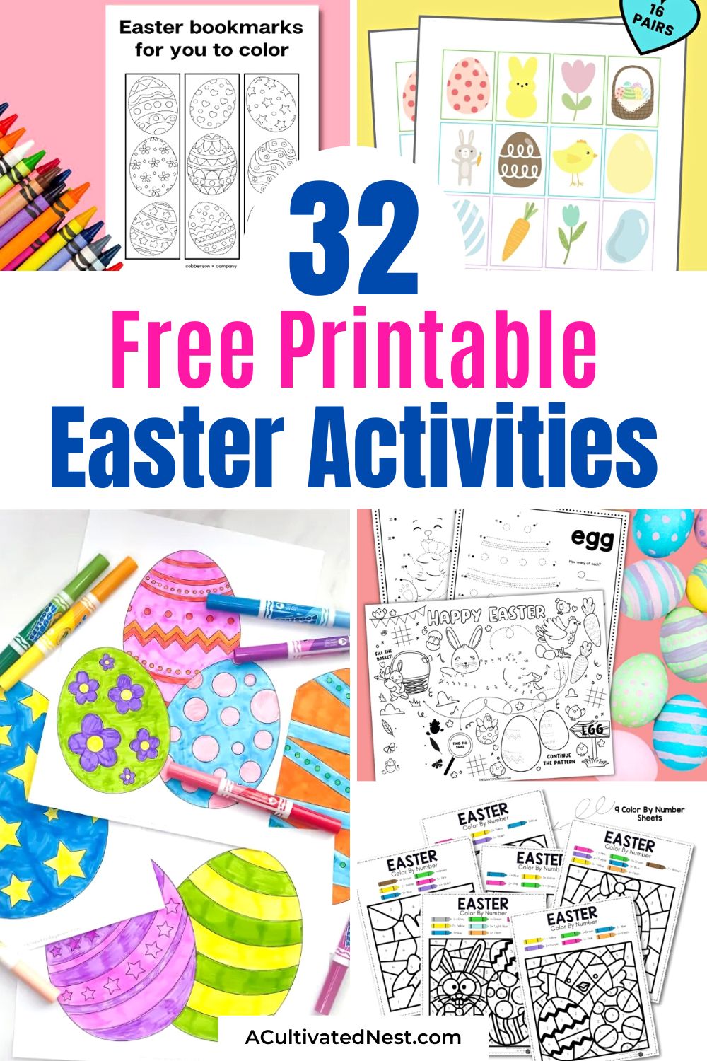32 Free Easter Printables for Kids- Get ready for Easter festivities with free Easter printables designed just for kids! From cute coloring sheets to engaging games, these printables will keep your little bunnies entertained all season long. | #EasterFun #KidsCrafts #Freebies #activitySheets #ACultivatedNest