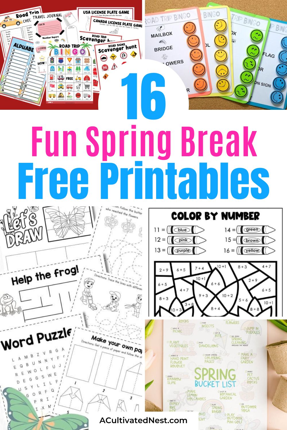 16 Fun Free Spring Break Printables- Ready to add some excitement to your Spring Break? Discover our fun free Spring Break printables for an epic family adventure! From crafting your own bucket list to capturing memories in a special journal and turning long drives into a game, these printables are your key to a fun-filled vacation. | #TravelWithKids #SpringBreakIdeas #ActivitySheets #FreePrintables #ACultivatedNest