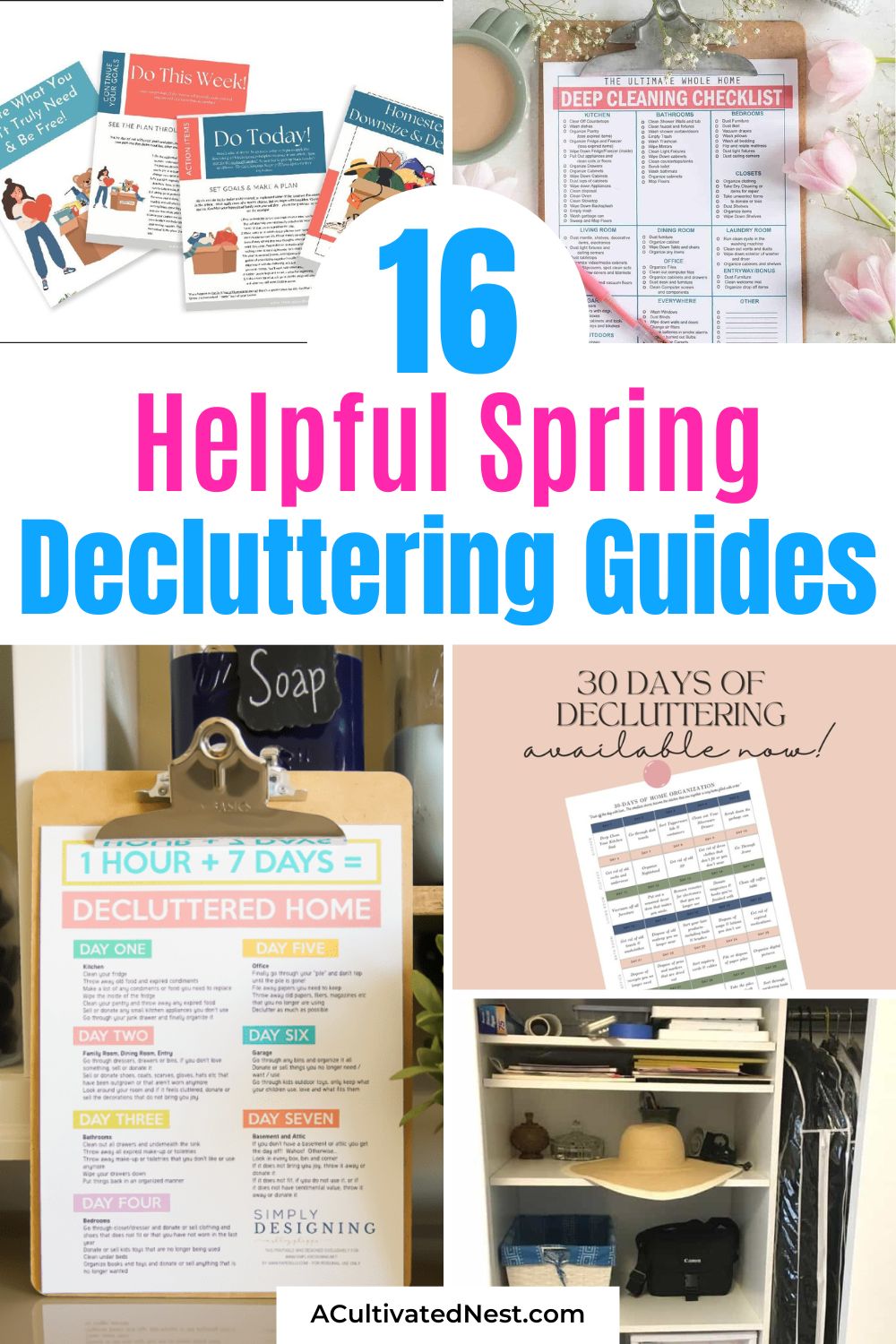 16 Helpful Spring Decluttering Guides- Spring into action with these 16 MUST-READ spring decluttering guides! From printable calendars for a 30-day decluttering challenge to minimalist tips for a major cleanup, we've got everything you need. These handpicked guides will help you breeze through your spring cleaning, making decluttering feel like a breeze. | #DeclutteringTips #SpringCleaning #DeclutterYourHome #HomeOrganizationTips #ACultivatedNest