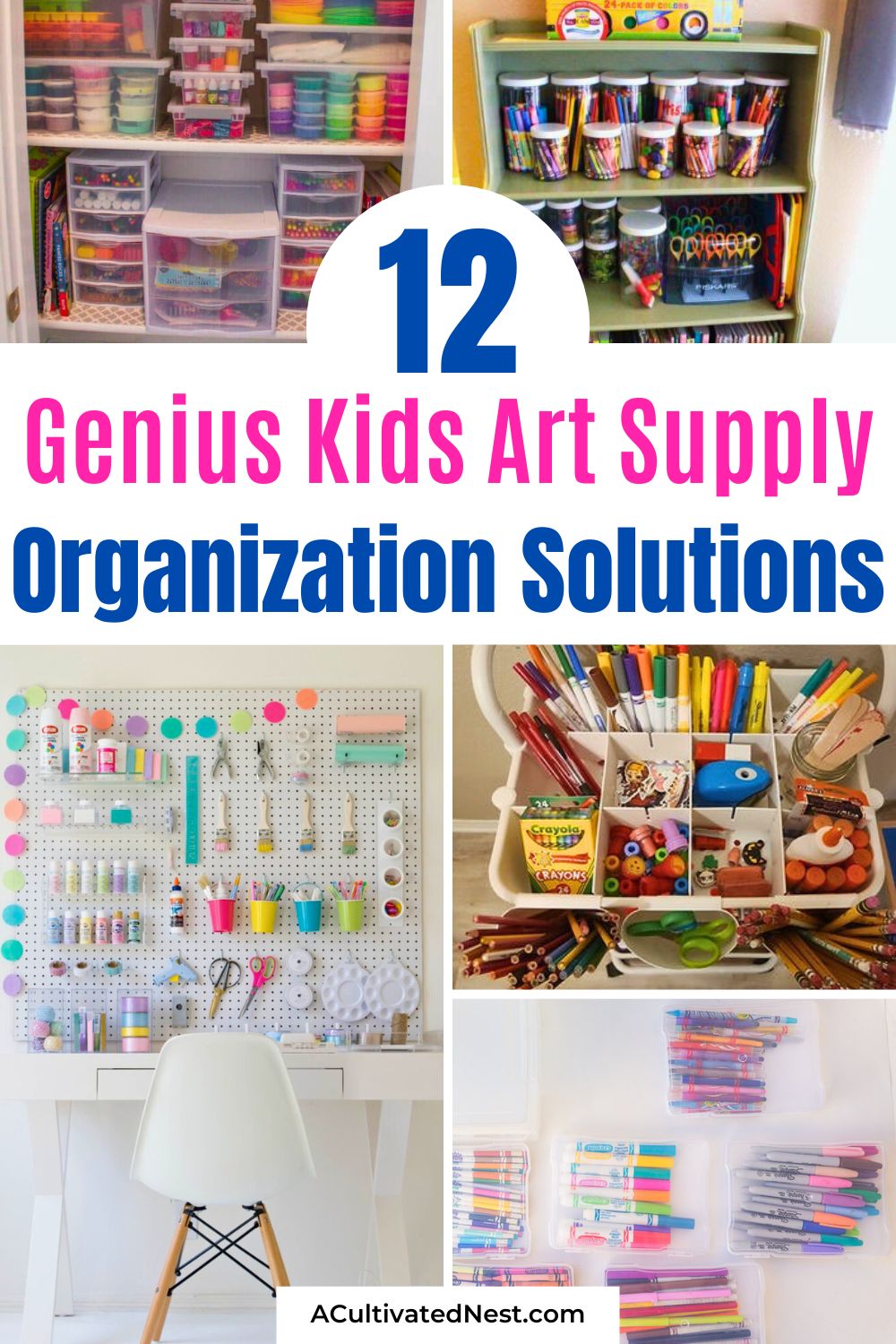 12 Creative Kids Art Supply Organization Solutions- Keep creativity flowing with organized chaos! Explore brilliant ways to tidy up your kids' art supplies. Whether you're working with a small space or a dedicated art room, these clever kids art supply organization solutions are both practical and playful. Say hello to stress-free creativity! | #craftOrganization #artSupplyOrganization #organizing #organizationTips #ACultivatedNest