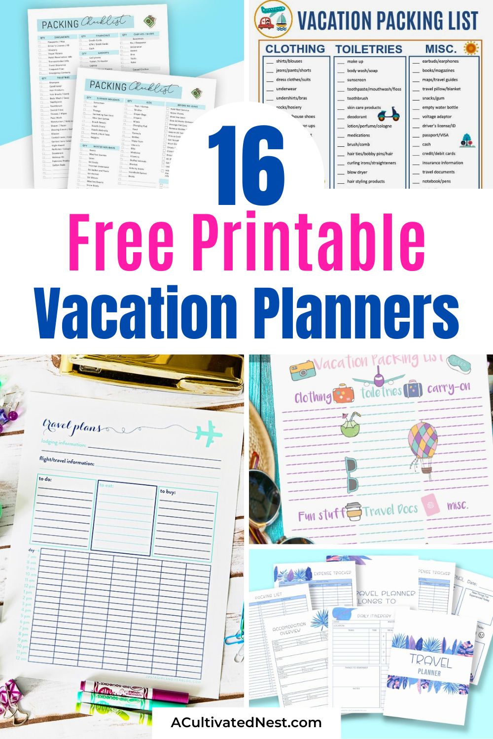 16 Free Printable Vacation Planners- Get organized for your next trip with these free printable vacation planners! Perfect for staying on top of all your travel details, from packing to itineraries. Download now and start planning your perfect getaway! | #TravelPlanner #PrintableTemplates #VacationPrep #freePrintables #ACultivatedNest