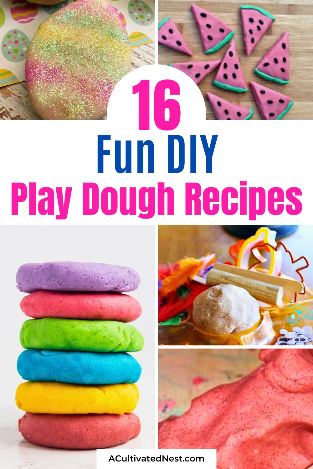 16 Fun DIY Play Doughs for Kids- Looking for a fun indoor activity? Try these DIY play doughs that kids will love! Safe, colorful, and easy to make at home, these recipes are perfect for endless hours of creative fun. | #HomemadePlayDough #KidsActivities #DIYProjects #kidsCrafts #ACultivatedNest