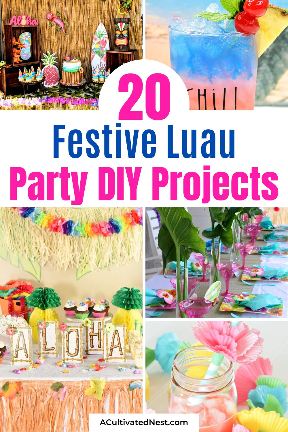 20 Fun Luau Party DIYs- Bring the Aloha spirit to your next party with these fun luau party DIY ideas! Create beautifully themed decorations, unique invitations, and delicious island-inspired foods. Perfect for any summer party, these DIYs will make your luau unforgettable! | #PartyDIY #LuauParty #summerParty #summerCrafts #ACultivatedNest