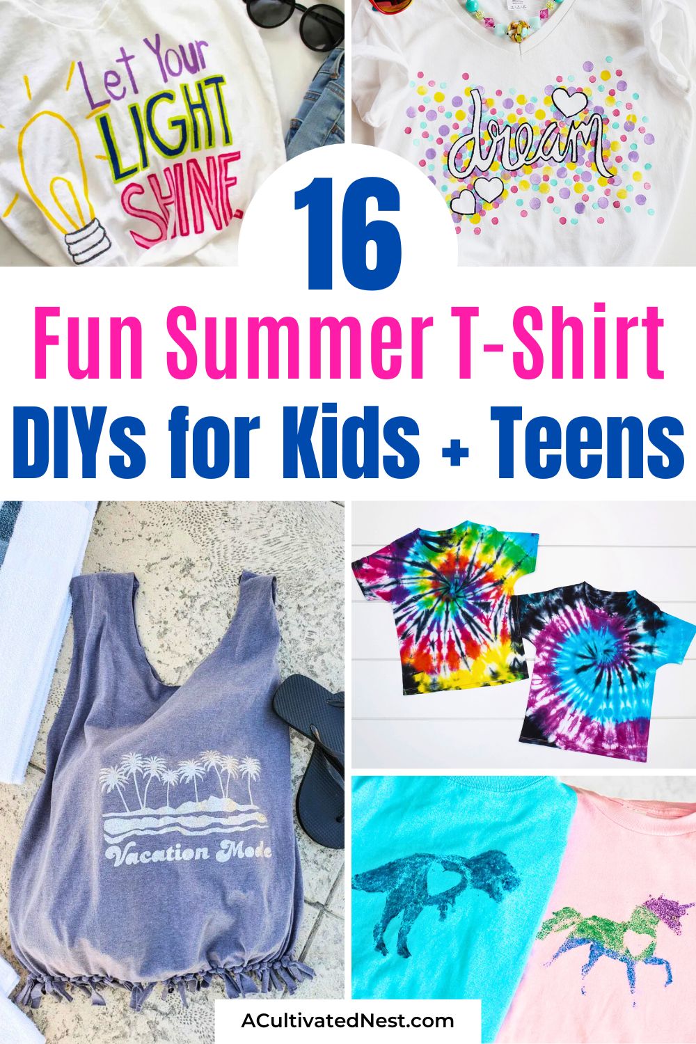 16 Fun Summer T-Shirt Crafts for Kids and Teens- Looking for fun summer activities? Try these awesome T-shirt crafts for kids and teens! Easy and creative projects that turn plain tees into wearable art. Explore the ideas now and get crafting! | #SummerDIY #TShirtCrafts #KidsCrafts #teenDIYs #ACultivatedNest