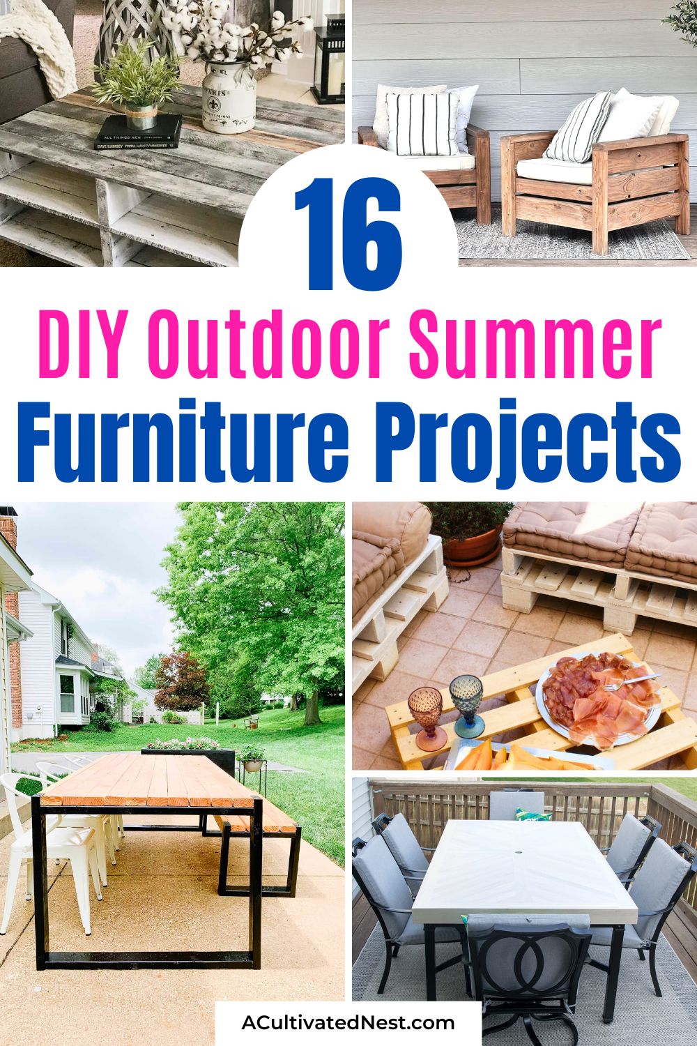 16 Easy DIY Outdoor Furniture Projects for Summer- Get ready for summer with these fun and simple DIY outdoor furniture projects! Discover creative ideas to enhance your outdoor space, including stylish pallet coffee tables and modern wood patio chairs. Whether you're a DIY novice or expert, there's something for everyone! | #DIYFurniture #OutdoorLiving #SummerDIY #DIY #ACultivatedNest