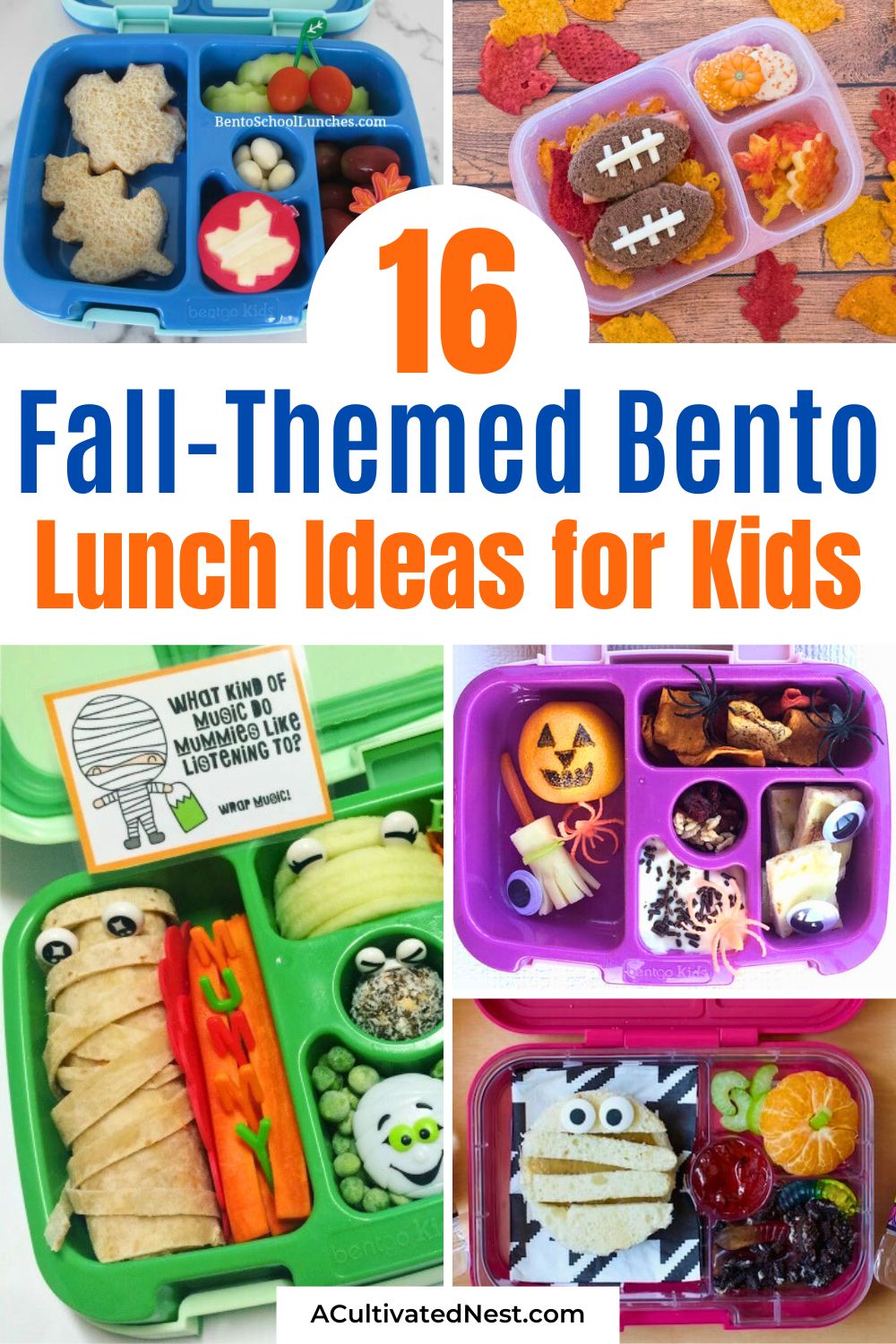 16 Fall-Themed Bento Lunch Ideas for Kids- Make back-to-school lunches fun with these fall-inspired bento box ideas! Packed with creative designs and healthy ingredients, these easy bento boxes will be a hit with your kids. | #BentoForKids #FallLunchIdeas #bentoLunches #kidsLunches #ACultivatedNest