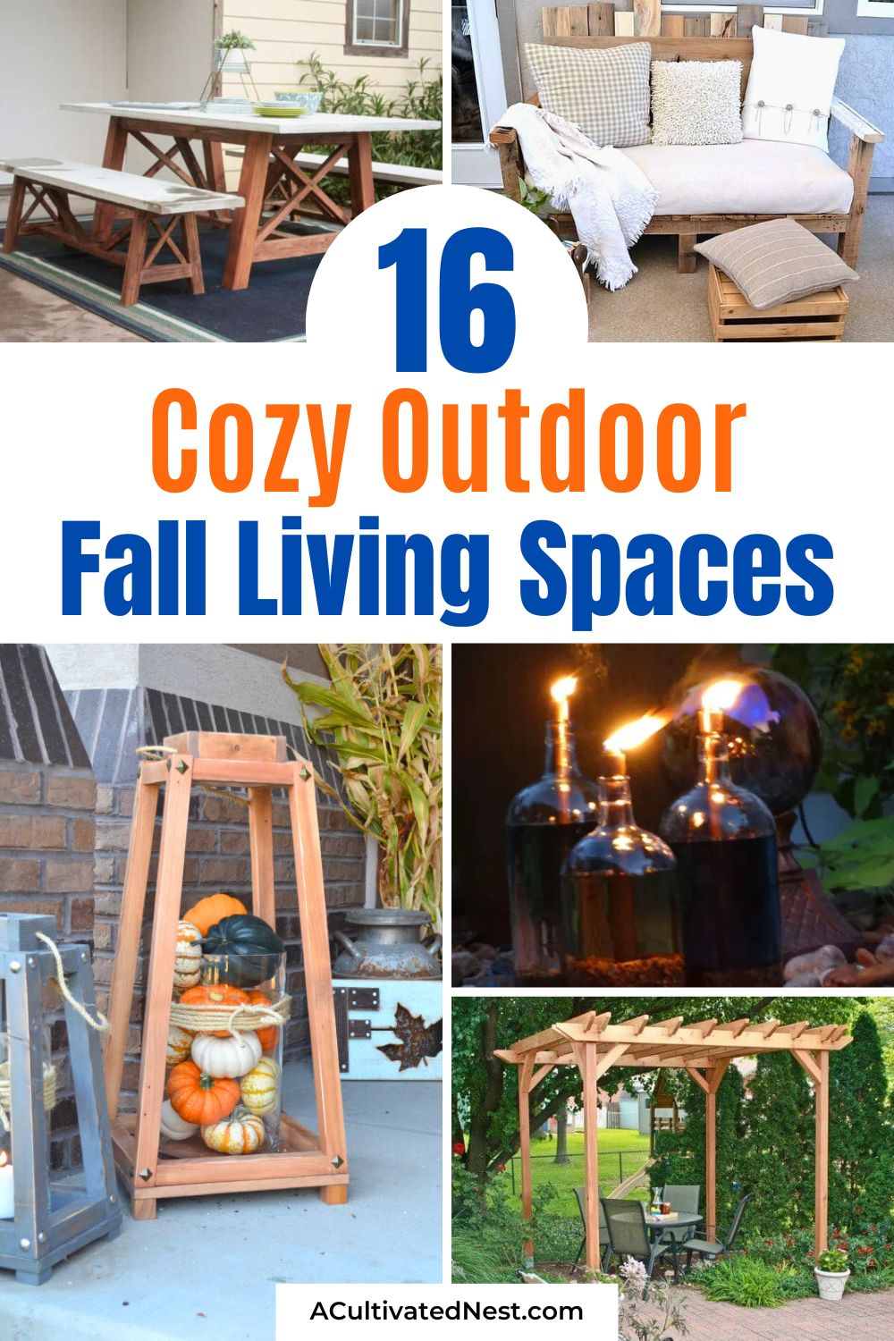 16 Cozy Outdoor Fall Living Spaces- Looking to spruce up your patio for fall? Check out these beautiful outdoor living spaces that bring warmth and style to the season! Whether it’s comfy seating, fire pits, or rustic fall decor, you’ll find all the inspiration you need to make your outdoor area cozy and inviting. | #FallVibes #PatioDecor #OutdoorLiving #fallDIY #ACultivatedNest