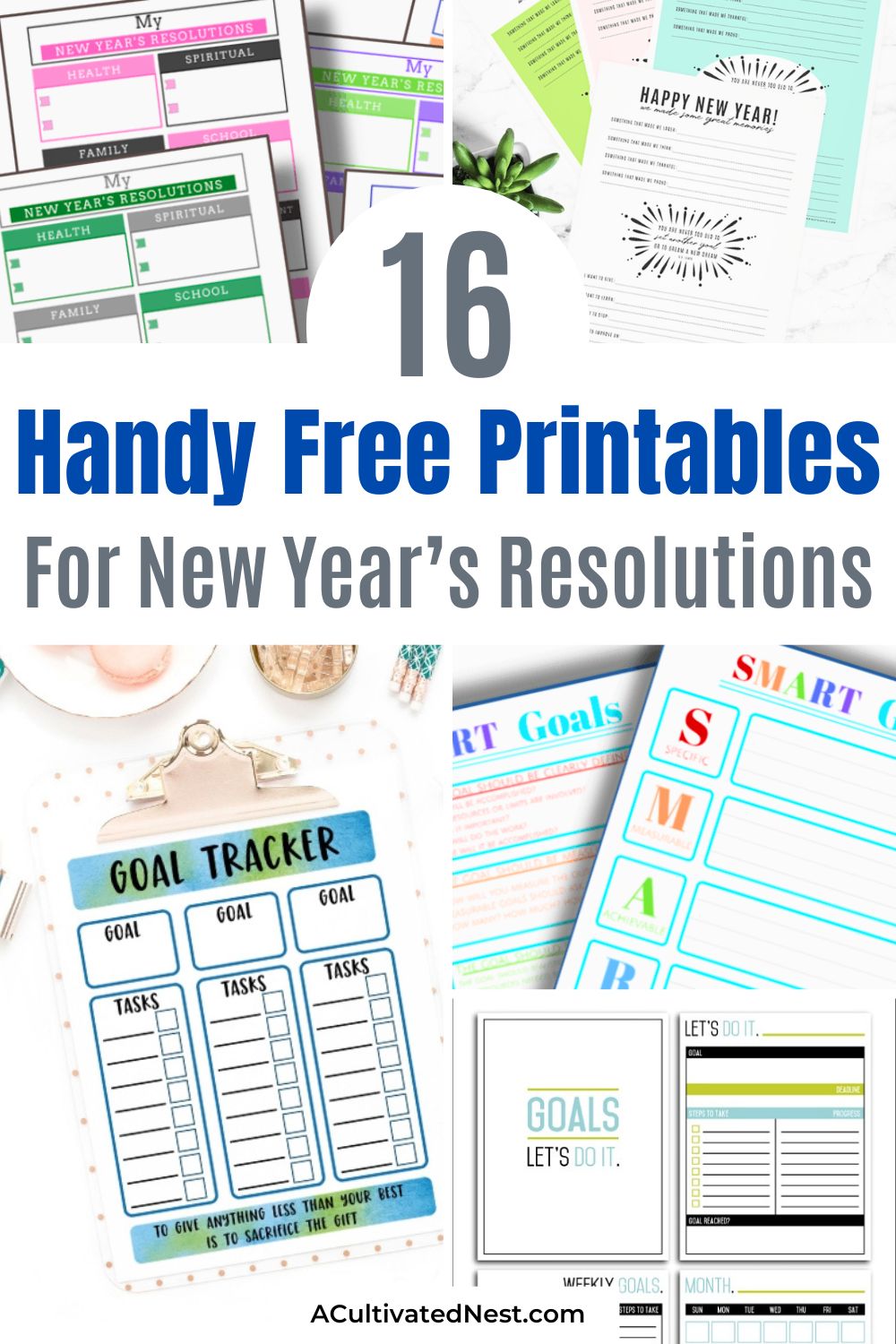 16 Handy New Year's Resolution Printables- Start the New Year with purpose! These handy New Year’s resolution printables include everything you need to map out your goals, stay motivated, and get organized. From budgeting tools to weight loss charts and planners for kids, these free printables will help you make this your best year yet! | #NewYearsGoals #FreePrintables #PlannerInspiration #NewYearNewYou #ACultivatedNest