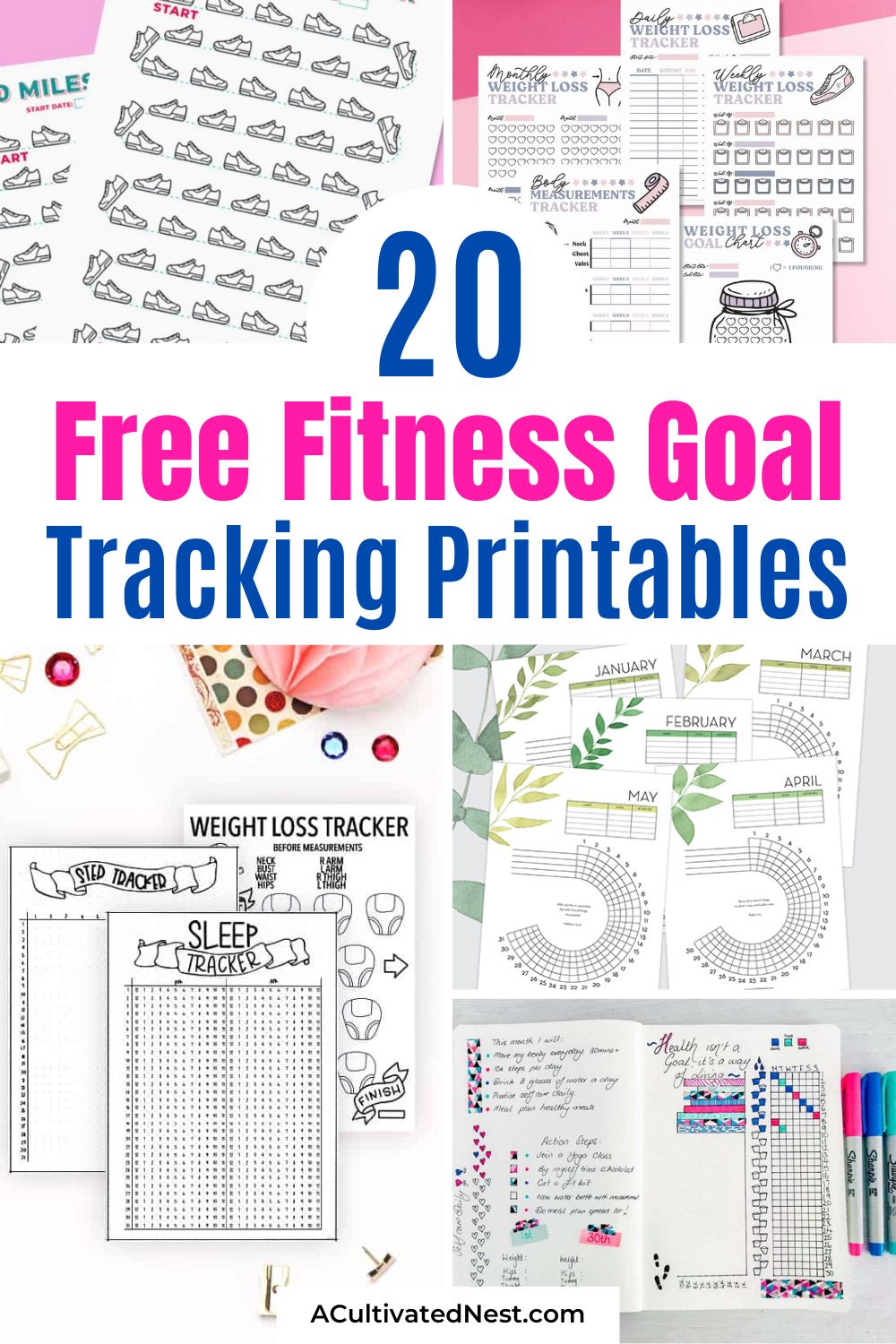 20 Free Fitness Goal Tracking Printables- Stay on top of your health and fitness journey with these free goal tracking printables! From SMART fitness goal templates to workout trackers, bullet journal spreads, and habit trackers, there’s something for everyone. Start achieving your goals today and take your fitness game to the next level! | #FreePrintables #HealthGoals #FitnessMotivation #exercise #ACultivatedNest