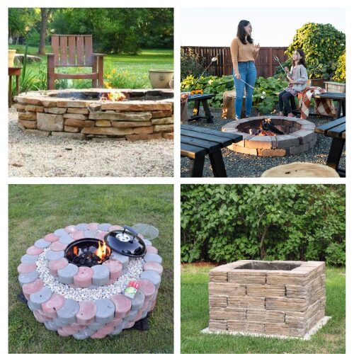 16 Fire Pit DIY Projects for Cozy Summer Evenings- Skip the expensive professional landscaper and build your own dream fire feature! Whether you love a modern square concrete design, a classic round paver ring, or a simple pea gravel seating area, these clever DIY fire pit ideas are perfect for any budget or skill level. Many of these easy backyard projects can be built in a single weekend (or even just an hour!)! | #DIYProjects #WeekendProject #BackyardInspiration #FirePit #ACultivatedNest