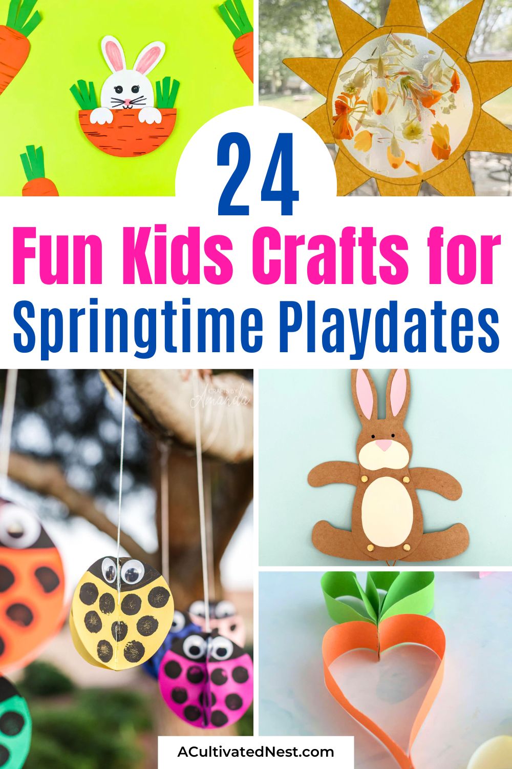 24 Fun Kids Spring Crafts for a Springtime Playdate- Host the ultimate spring playdate with these adorable spring craft ideas for kids! Simple, engaging, and super fun, these crafts are perfect for keeping little ones entertained and inspired. From popsicle stick butterflies to colorful suncatchers, your kids will love creating their own springtime masterpieces! | #kidsCrafts #springDIYs #kidsActivities #craftsForKids #ACultivatedNest