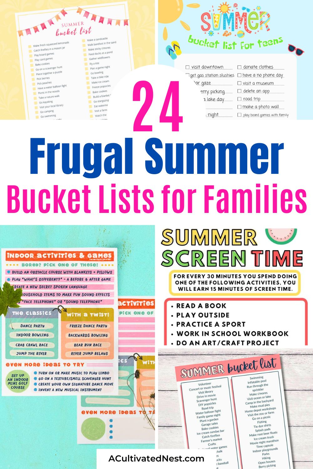 24 Frugal Summer Bucket Lists That are Actually Fun- Make memories, not expenses! Dive into these frugal summer bucket list ideas that are actually fun for the whole family. Whether you want free printables, outdoor adventures, or boredom busters for kids, you’ll find inspiration for a budget-friendly, joy-filled summer. | #SummerOnABudget #FrugalSummer #KidActivities #FamilyFun #ACultivatedNest