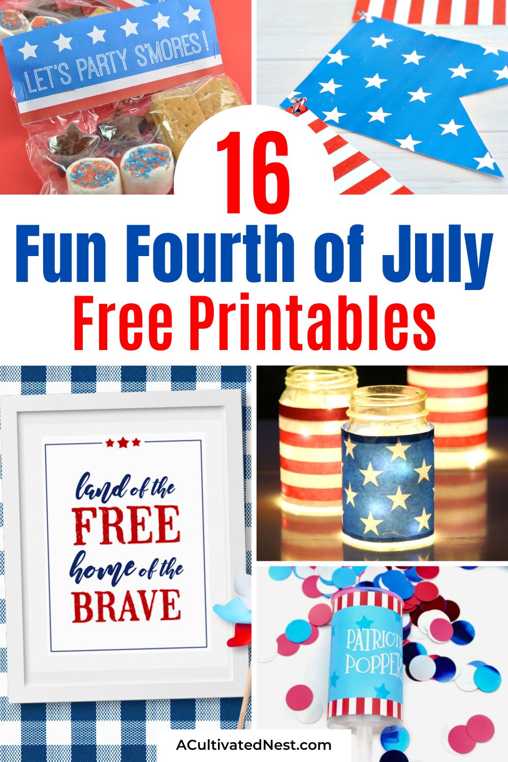 16 No-Fuss Fourth of July Party Printables- Looking for simple and fun Fourth of July party ideas? Check out these no-fuss printable decorations, games, and party favors! Make your Independence Day party pop with easy-to-use banners, art, scavenger hunts, sparkler gift tags, photo booth props, and more. | #FourthOfJulyPrintables #4thofJuly #FreePrintables #FourthOfJulyCrafts #ACultivatedNest