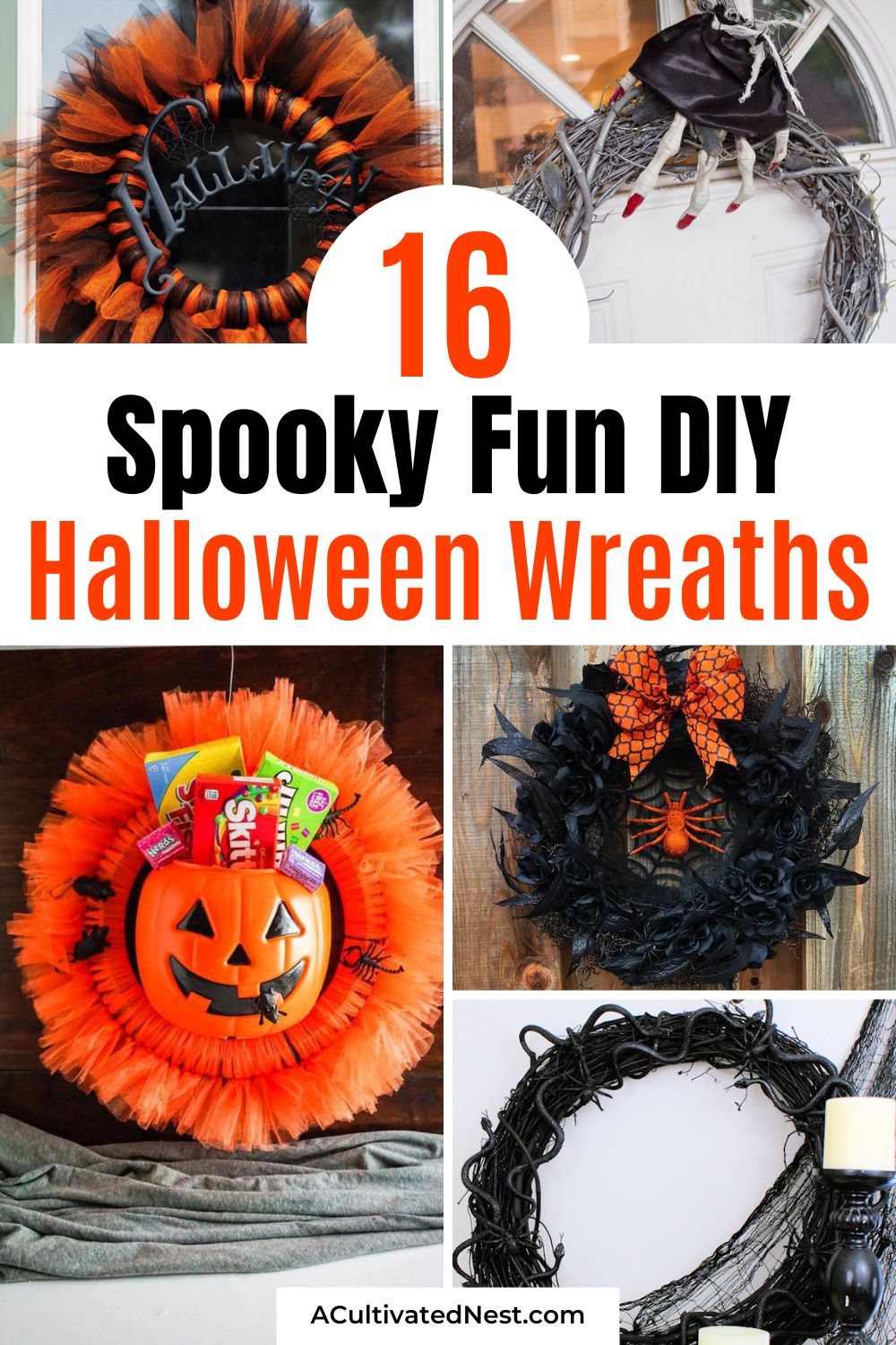 16 Unique DIY Halloween Wreaths to Spook-ify Your Front Door- Looking for creative Halloween decoration ideas? Check out this collection of unique DIY Halloween wreaths to add some spooky charm to your front door! Perfect for crafters of all skill levels, these projects will help you set the scene for a frightfully fun Halloween. | #HalloweenCrafts #HalloweenDIY #WreathMaking #diyProjects #ACultivatedNest