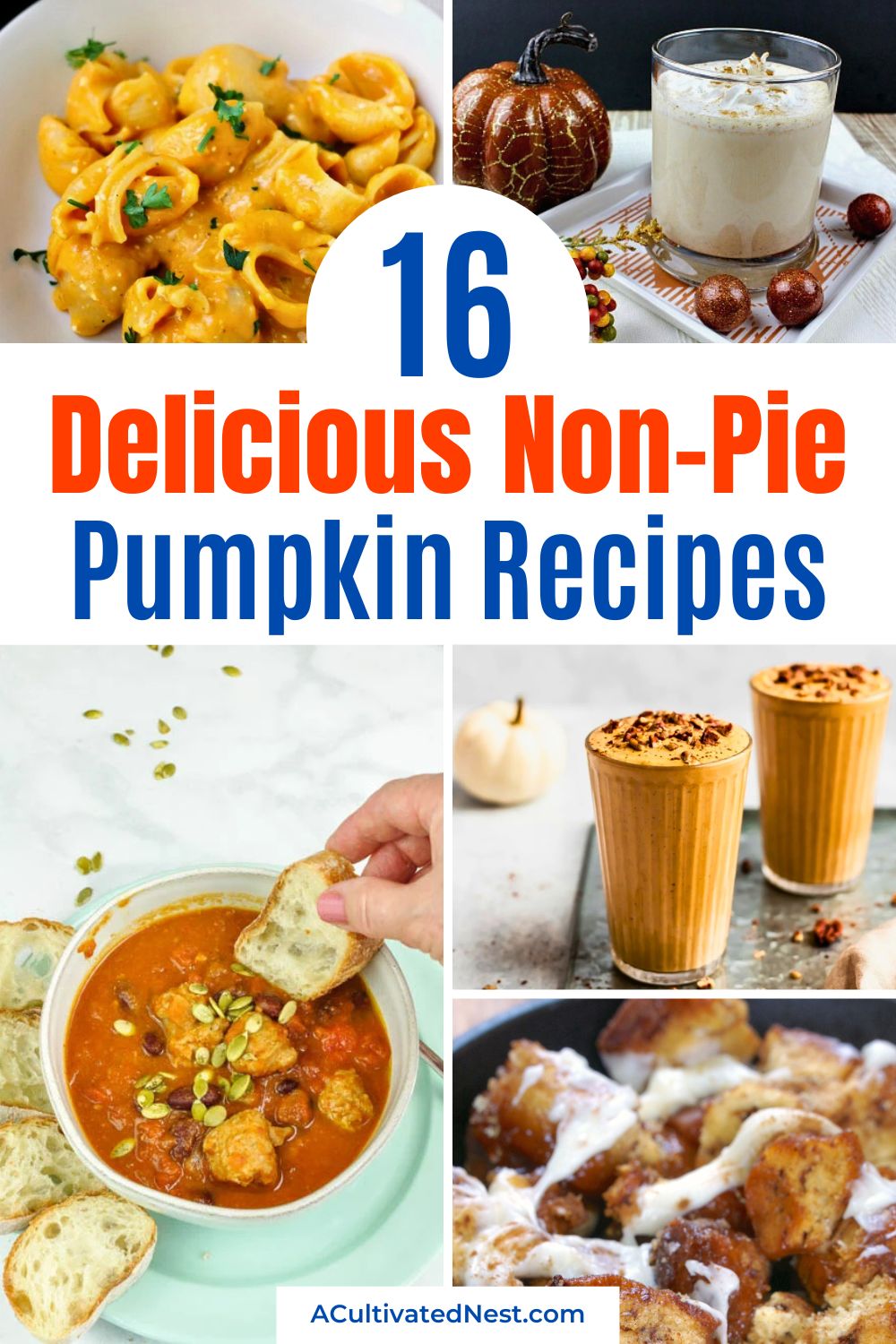 16 Ways to Use Pumpkin Beyond Pie- Move over pumpkin pie! This collection of mouthwatering pumpkin recipes covers drinks, dinners, snacks, and desserts, all starring pumpkin. Try everything from pumpkin chili to homemade frappuccino and pumpkin fudge. Spice up your autumn menu with these tasty ideas! | #FallRecipes #PumpkinDesserts #fallRecipes #fallDesserts #ACultivatedNest