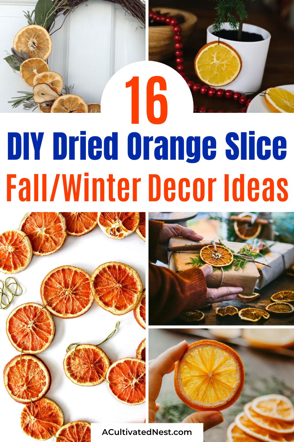 16 Ways to Use Dried Orange Slices for Fall and Winter Decor- Dried orange slices are a timeless touch for cozy seasonal decor! Explore unique ways to use them in your autumn and holiday decorating, from handmade wreaths and garlands to stunning ornaments and gift embellishments. Get all the tips you need for beautiful, fragrant decor this season! | #DIYDecor #FallCrafts #WinterCrafts #HolidayDecor #ACultivatedNest 16 Ways to Use Dried Orange Slices for Fall and Winter Decor- Dried orange slices are a timeless touch for cozy seasonal decor! Explore unique ways to use them in your autumn and holiday decorating, from handmade wreaths and garlands to stunning ornaments and gift embellishments. Get all the tips you need for beautiful, fragrant decor this season! | #DIYDecor #FallCrafts #WinterCrafts #HolidayDecor #ACultivatedNest