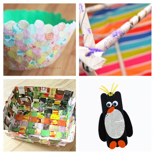 16 Upcycled Newspaper and Magazine Kids Crafts- Stuck inside on a rainy spring day? Turn your recycling bin into hours of fun with these creative newspaper and magazine crafts for kids! From giant forts to paper mache bowls, these frugal activities are the perfect way to keep kids entertained during spring break without spending a dime on new supplies. | #SpringBreakIdeas #RainyDayActivities #KidsCrafts #BoredomBusters #ACultivatedNest
