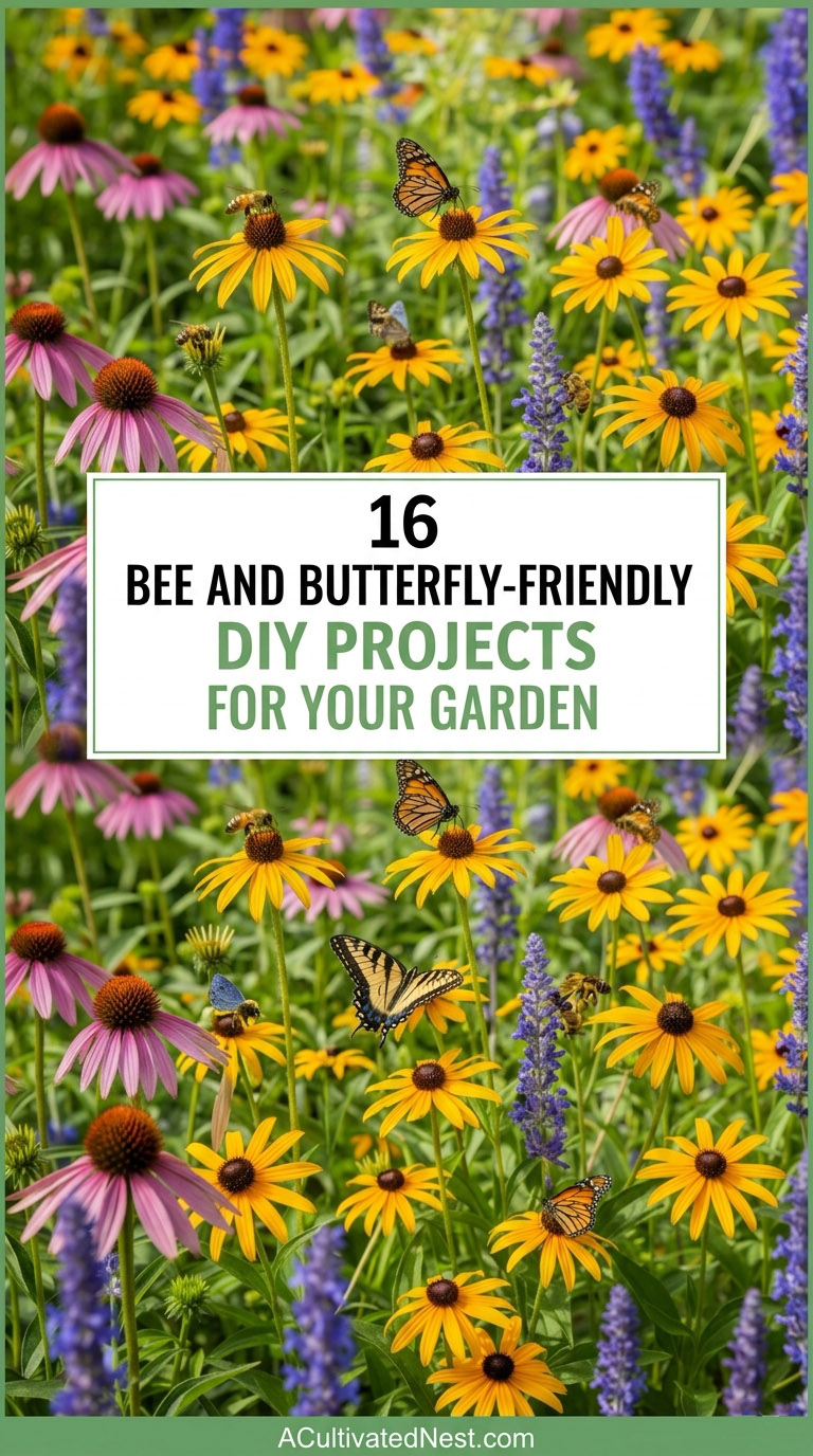 16 Bee and Butterfly-Friendly DIY Projects for Your Garden- Help your local bees and butterflies thrive with these simple garden projects! Learn how to create a "rest stop" for insects using items you already have at home. Whether you're looking for the best flowers to attract hummingbirds or want to build a DIY butterfly feeder, this guide has everything you need to grow a healthy, happy garden. | #GardeningForBeginners #DIYGarden #BeeFriendly #ButterflyFeeder #ACultivatedNest