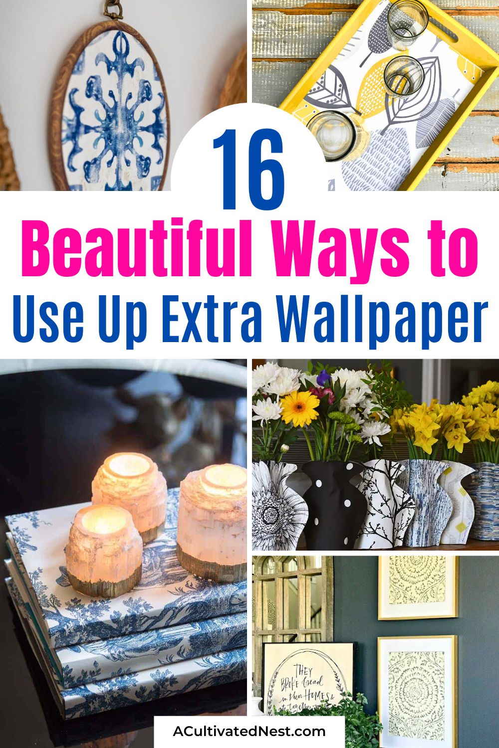 16 Ways to Use Up Extra Wallpaper- Got extra wallpaper? Turn those leftovers into stunning DIY home accents! Whether you're refreshing an old dresser, making custom book covers, or creating a unique serving tray, these simple wallpaper hacks are perfect for a quick weekend project. Learn how to use every last scrap to add personality and style to your space! | #diyProjects #FurnitureFlip #DIYHacks #WallpaperScraps #ACultivatedNest