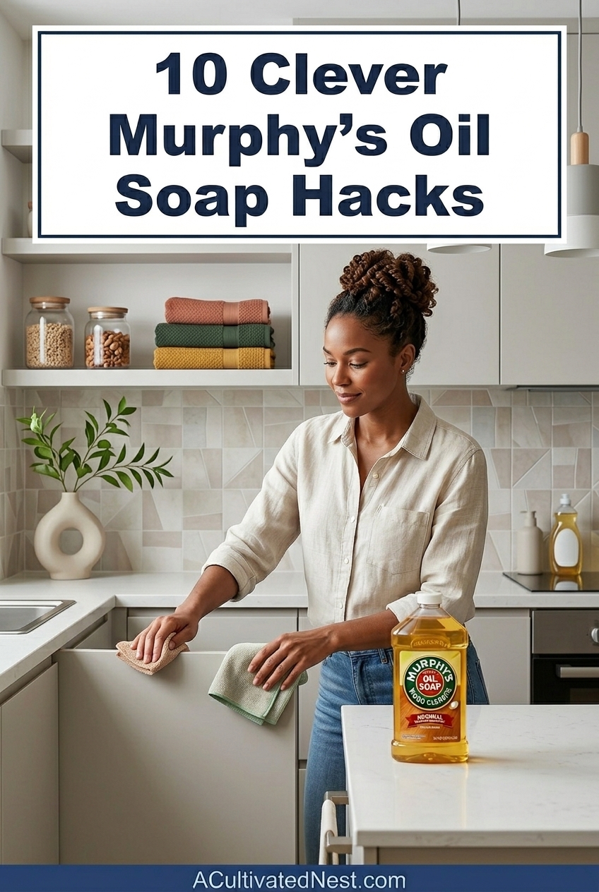 10 Clever Murphy's Oil Soap Hacks- Stop buying a dozen different cleaners and start using this hidden gem! These life-changing Murphy’s Oil Soap hacks will completely transform the way you clean. Perfect for anyone looking for gentle, effective, and multi-purpose ways to keep their home spotless. You won't believe what else you can clean with it! | #cleaningTips #cleaningHacks #frugalLiving #cleaning #ACultivatedNest